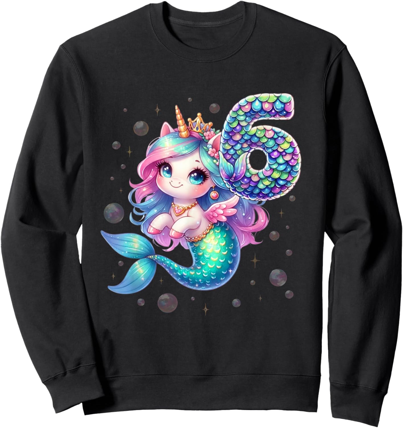 Unicorn Mermaid 6th Birthday 6 Year Old Party Girls Outfit Sweatshirt - Sweatshirt | Black