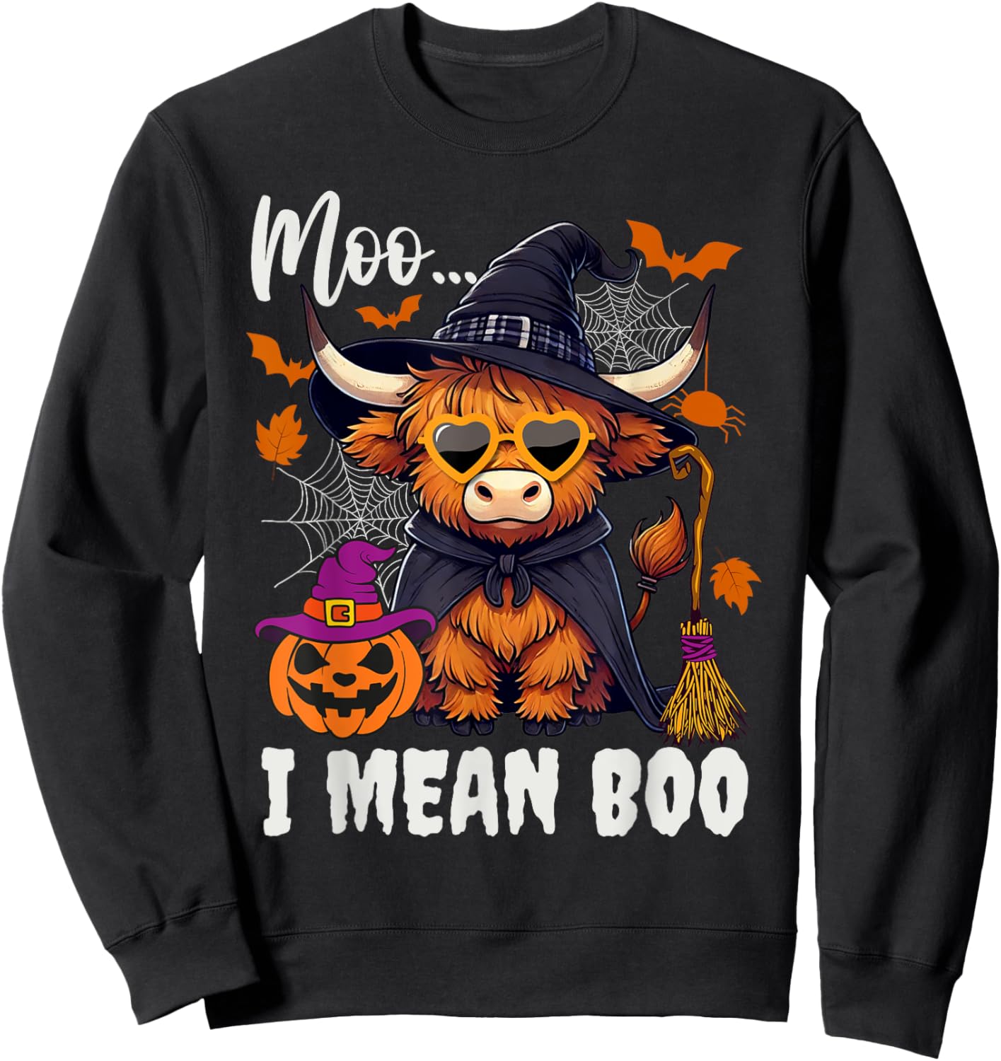 Moo I Mean Boo Witch Highland Cow Halloween Costume Sweatshirt - Sweatshirt | Black