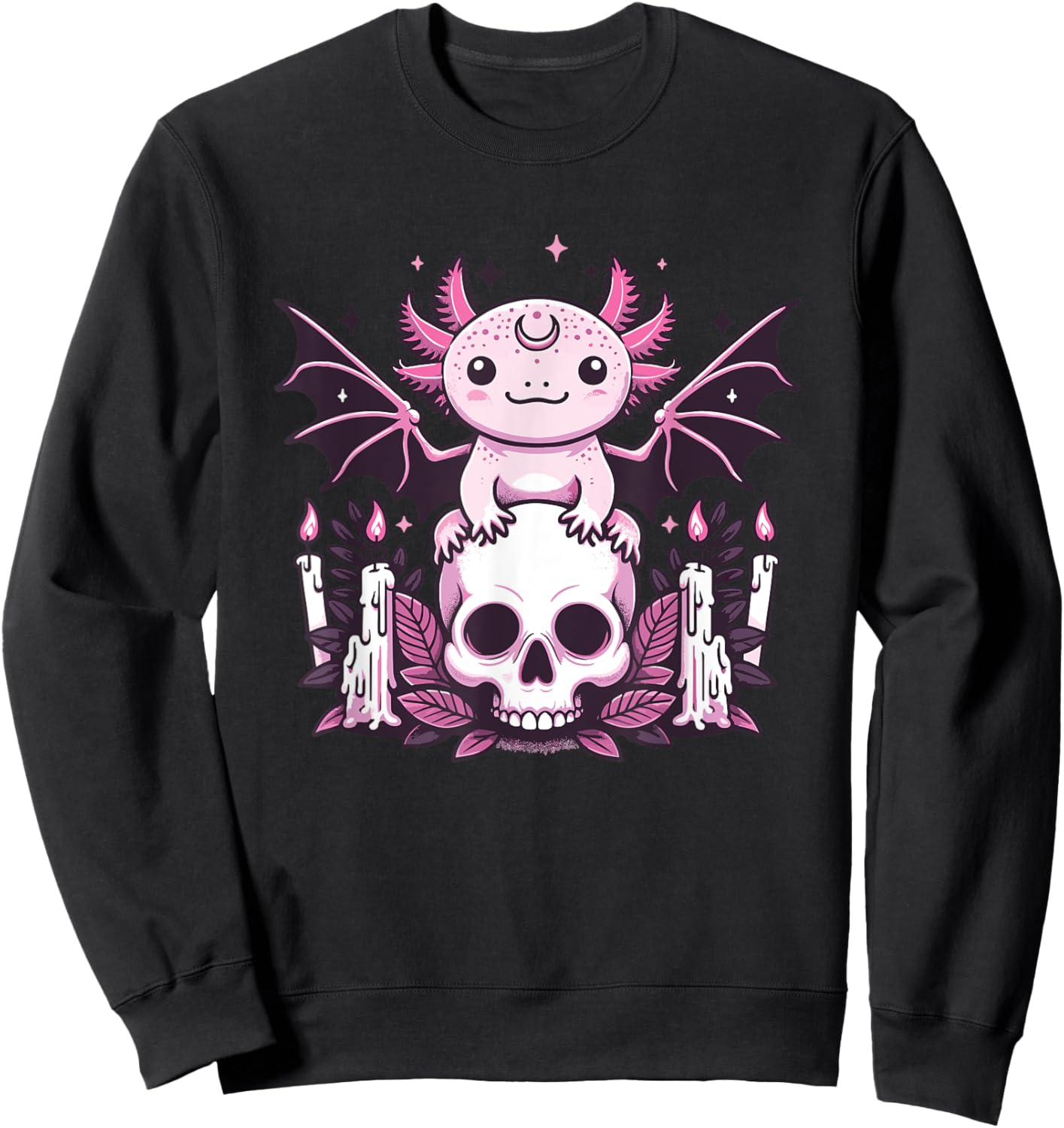 Kawaii Pastel Goth Cute Creepy Axolotl Bat Skeleton Sweatshirt - Sweatshirt | Black
