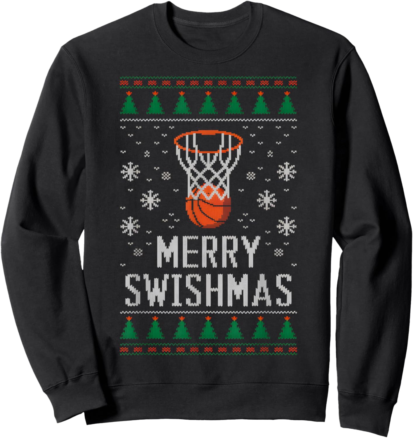 Merry Swishmas X-Mas Basketball Ugly Christmas Sweater Style Sweatshirt - Sweatshirt | Black