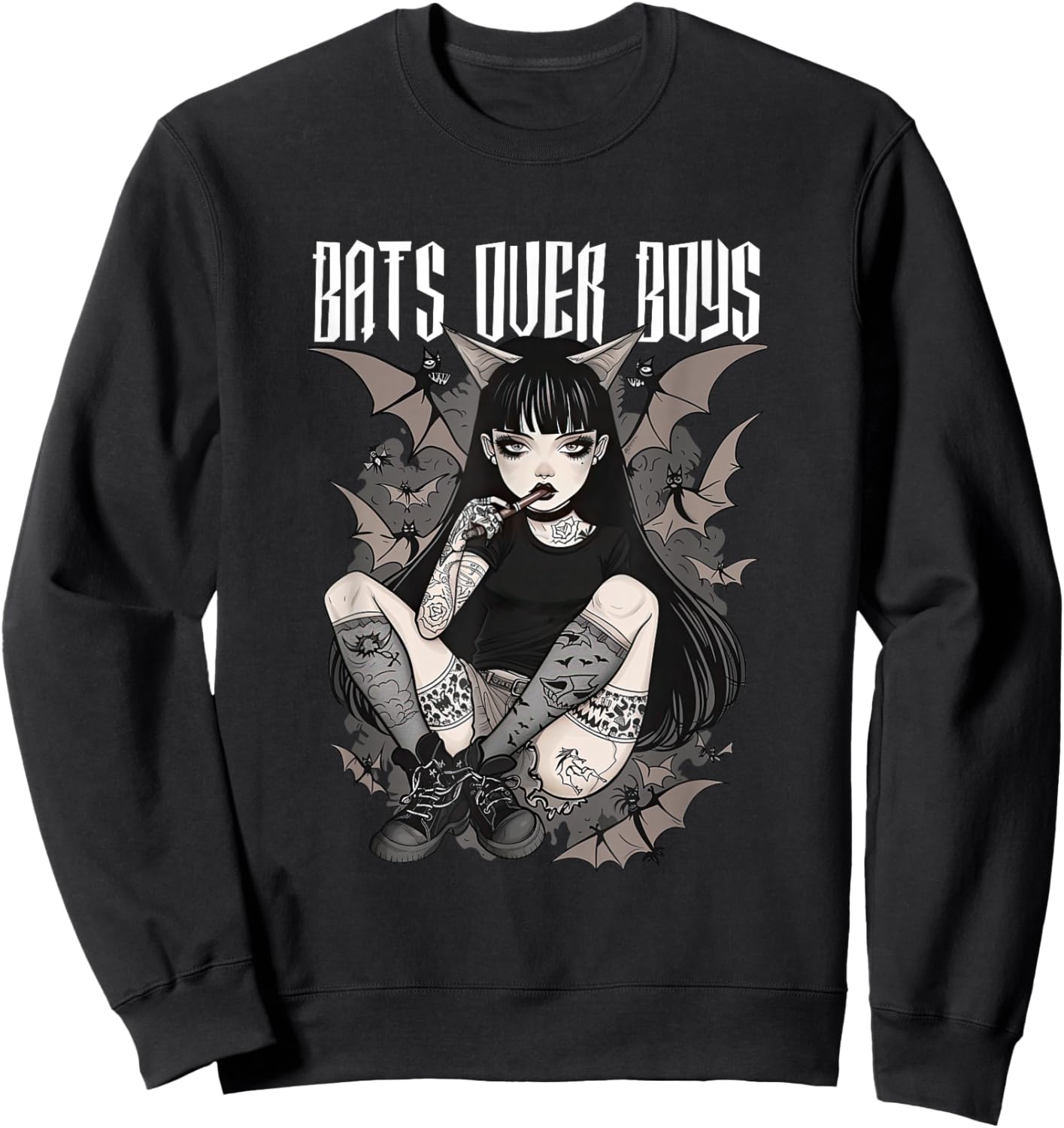 Bats Over Boys Quote Dark Aesthetic Spooky Gothic Anime Girl Sweatshirt - Sweatshirt | Black