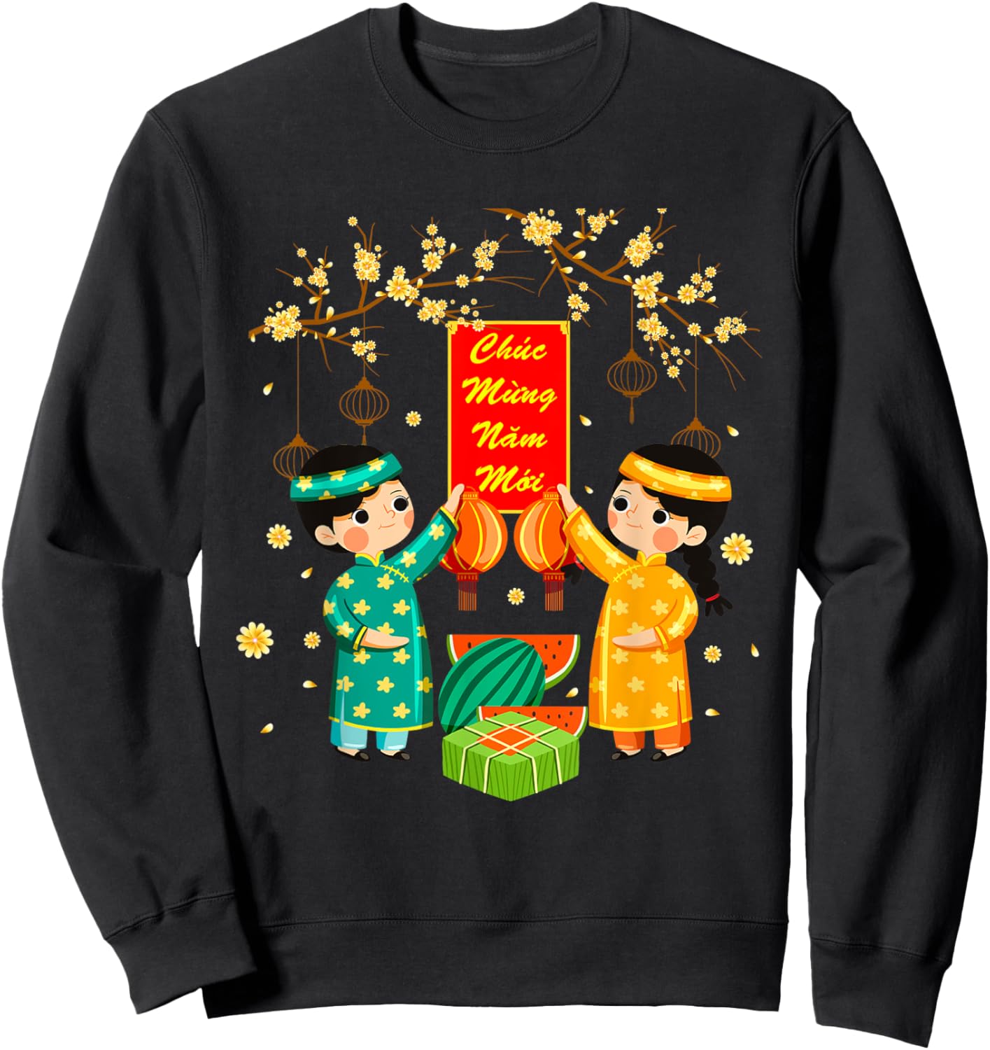 Ao Dai Boy Girl Chuc Mung Nam Moi Vietnamese New Year Kids Sweatshirt - Sweatshirt | Black