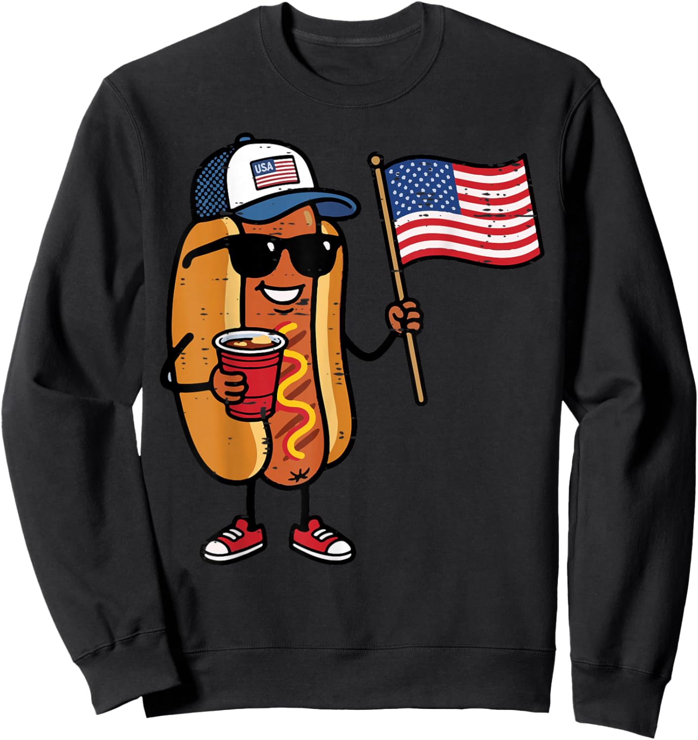 4th of July Hotdog US Flag Cap Patriotic Men Women Boys Kids Sweatshirt - Sweatshirt | Black
