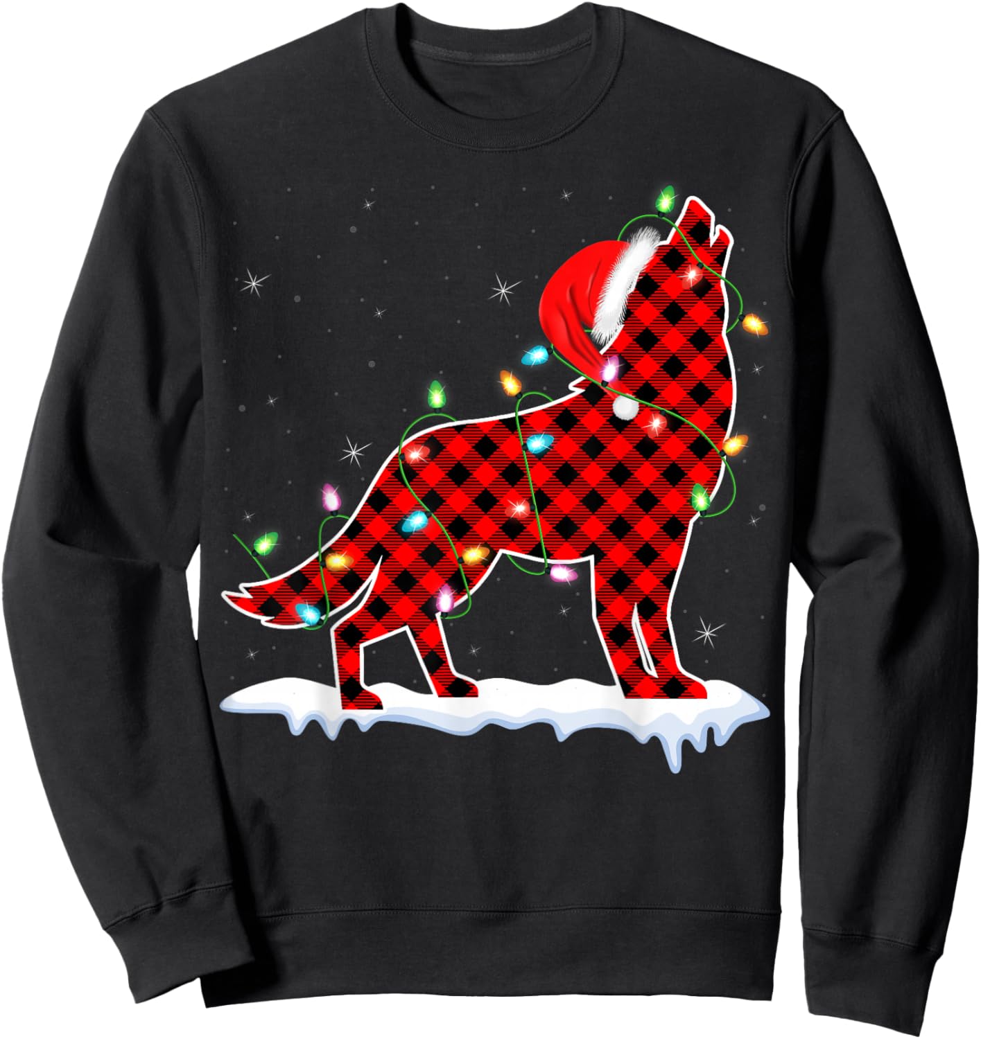 Santa Wolf Xmas Lighting Buffalo Plaid Wolf Christmas Pajama Sweatshirt - Sweatshirt | Black