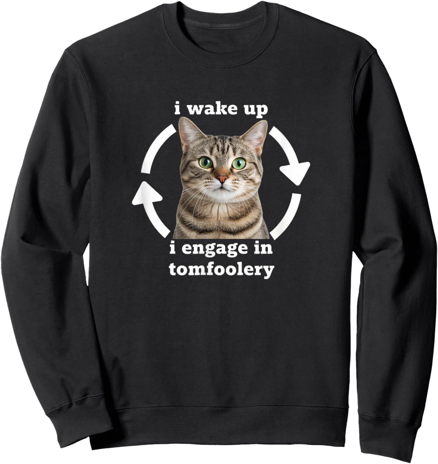 Cat I Wake Up I Engage in Tomfoolery Funny Cat Meme Sweatshirt - Sweatshirt | Black