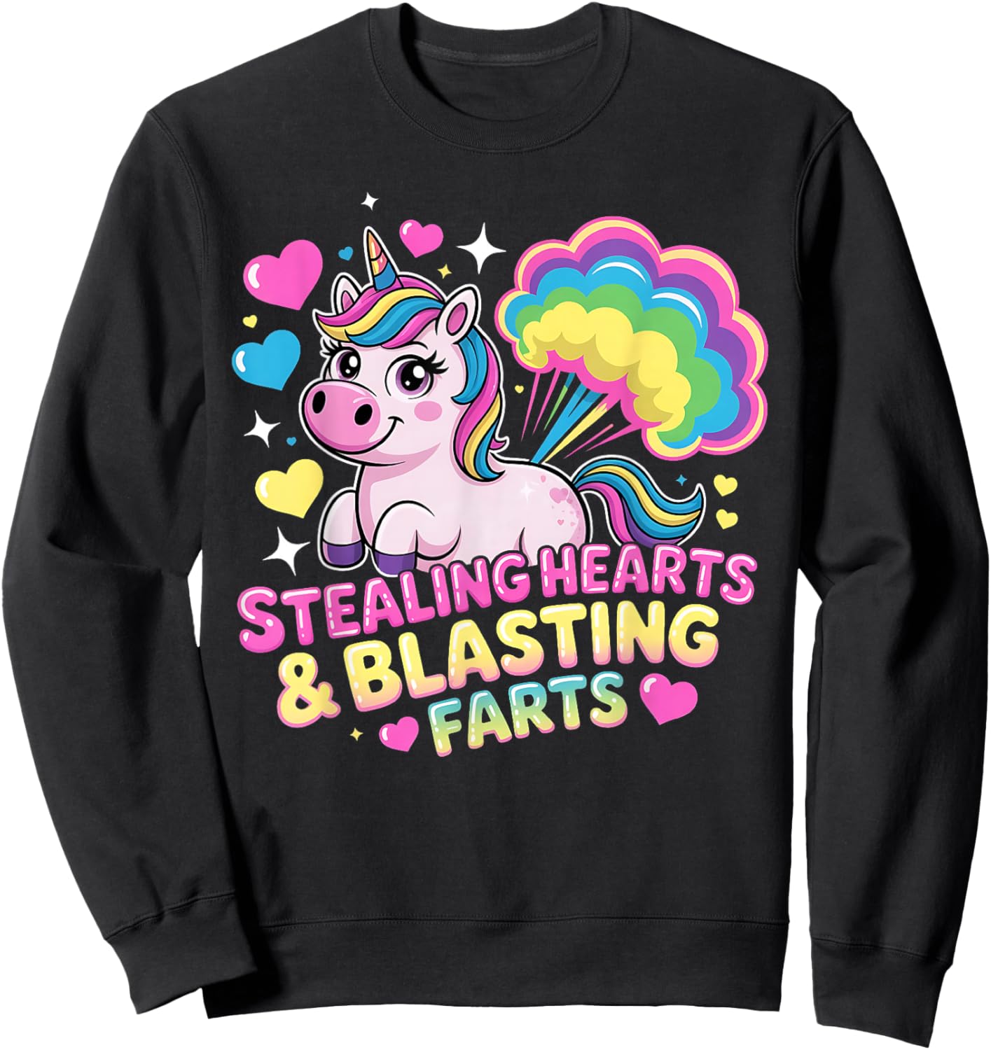 Funny Cute Unicorn Stealing Hearts Blasting Farts Design Sweatshirt - Sweatshirt | Black