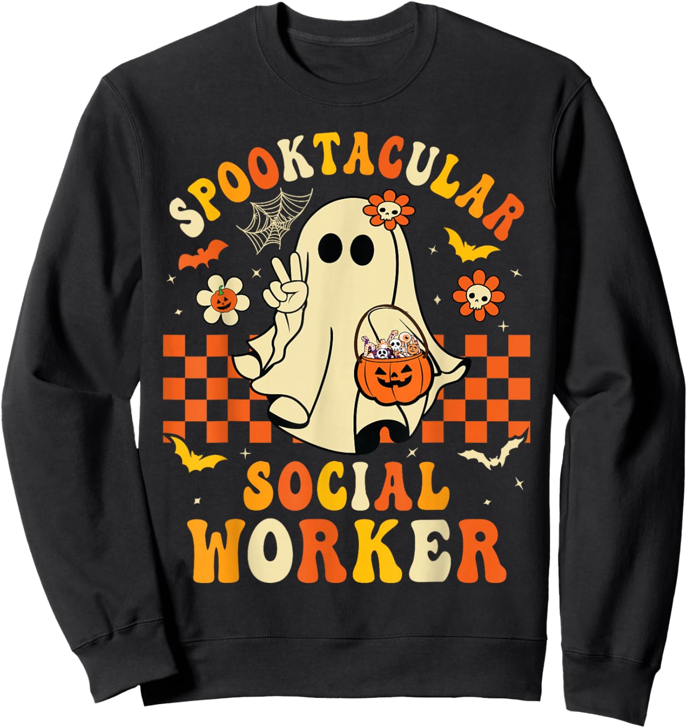 Groovy Spooktacular School Social Worker Halloween Ghost Sweatshirt - Sweatshirt | Black