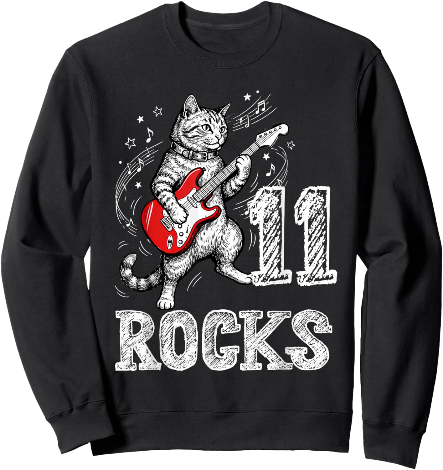 Funny Cat Playing Guitar 11 Rocks 11th Birthday Kids Gift Sweatshirt - Sweatshirt | Black