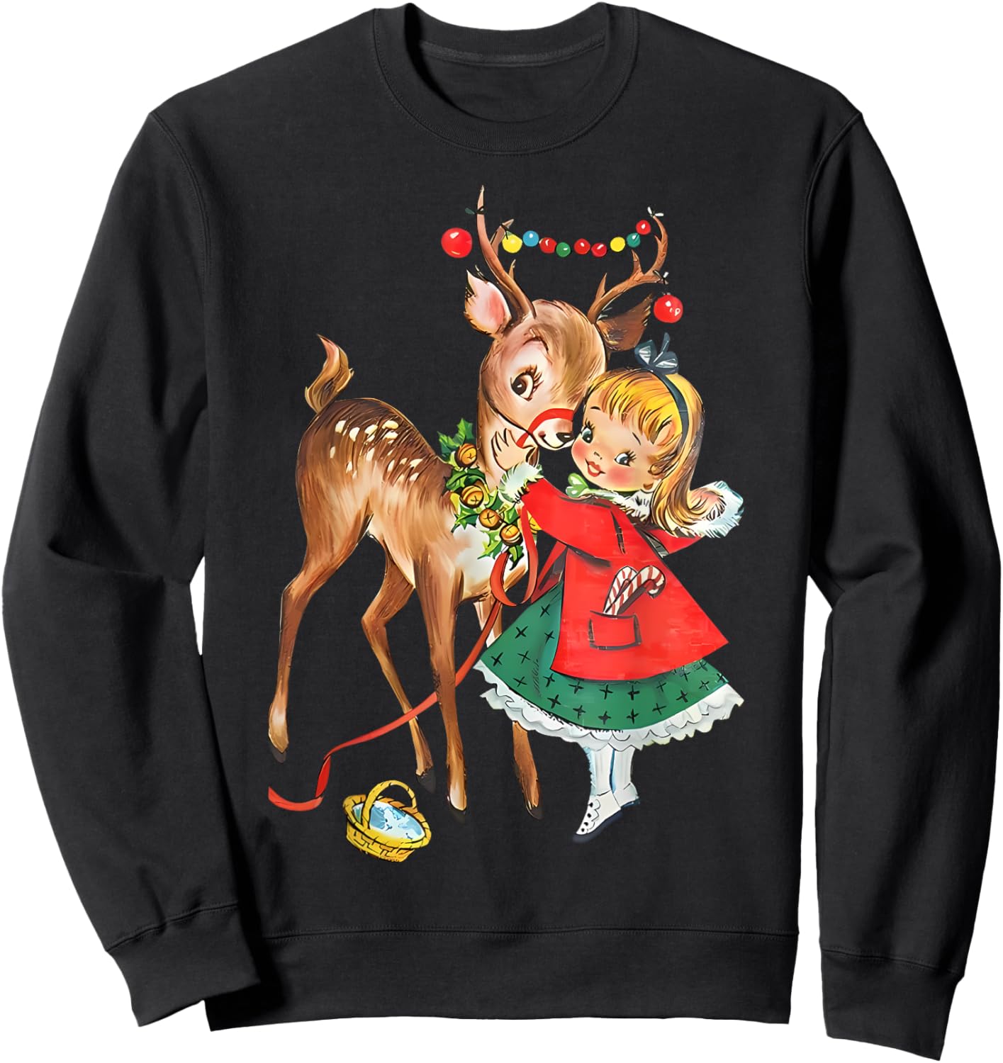 Vintage 1950s Old Fashioned Family Christmas Retro Christmas Reindeer And Girl Mid Century Xmas Sweatshirt - Sweatshirt | Black