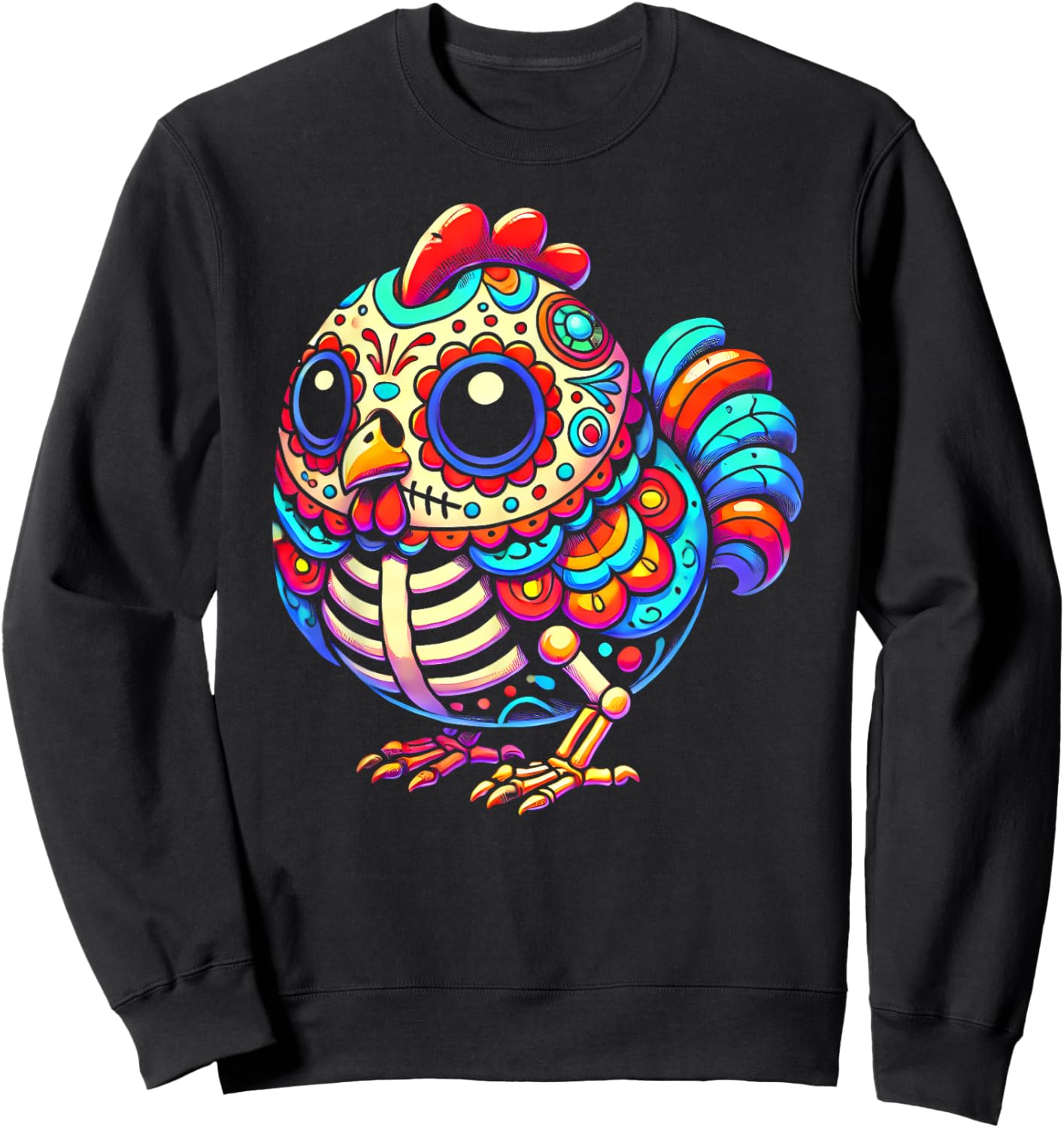 Colorful Sugar Skull Chicken Día de los Muertos Fun Skeleton Sweatshirt - Sweatshirt | Black