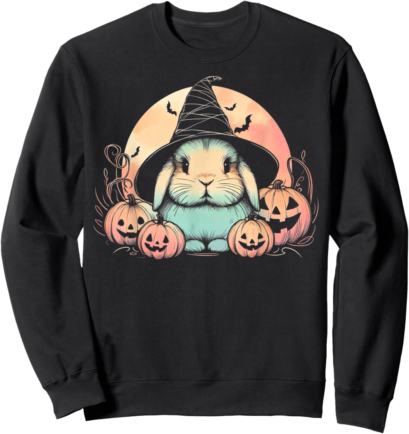 Halloween Witch Rabbit Spooky Holland Lop with Pumpkins Moon Sweatshirt - Sweatshirt | Black