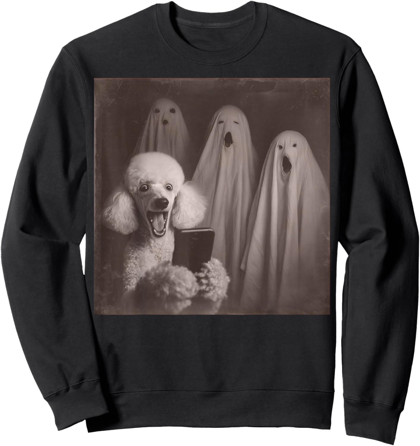 Funny Poodle with Ghosts Retro Halloween Dog Lover Sweatshirt - Sweatshirt | Black