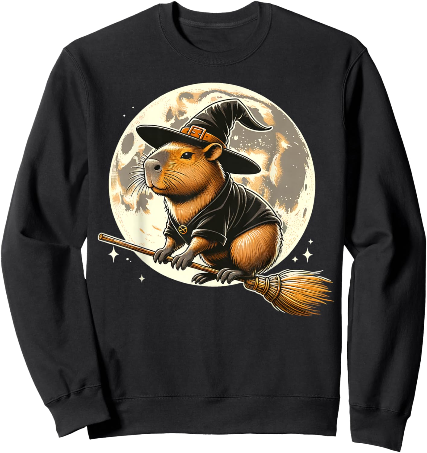 Funny Capybara Rides a Witch's Broom Halloween Spooky Vides Sweatshirt - Sweatshirt | Black