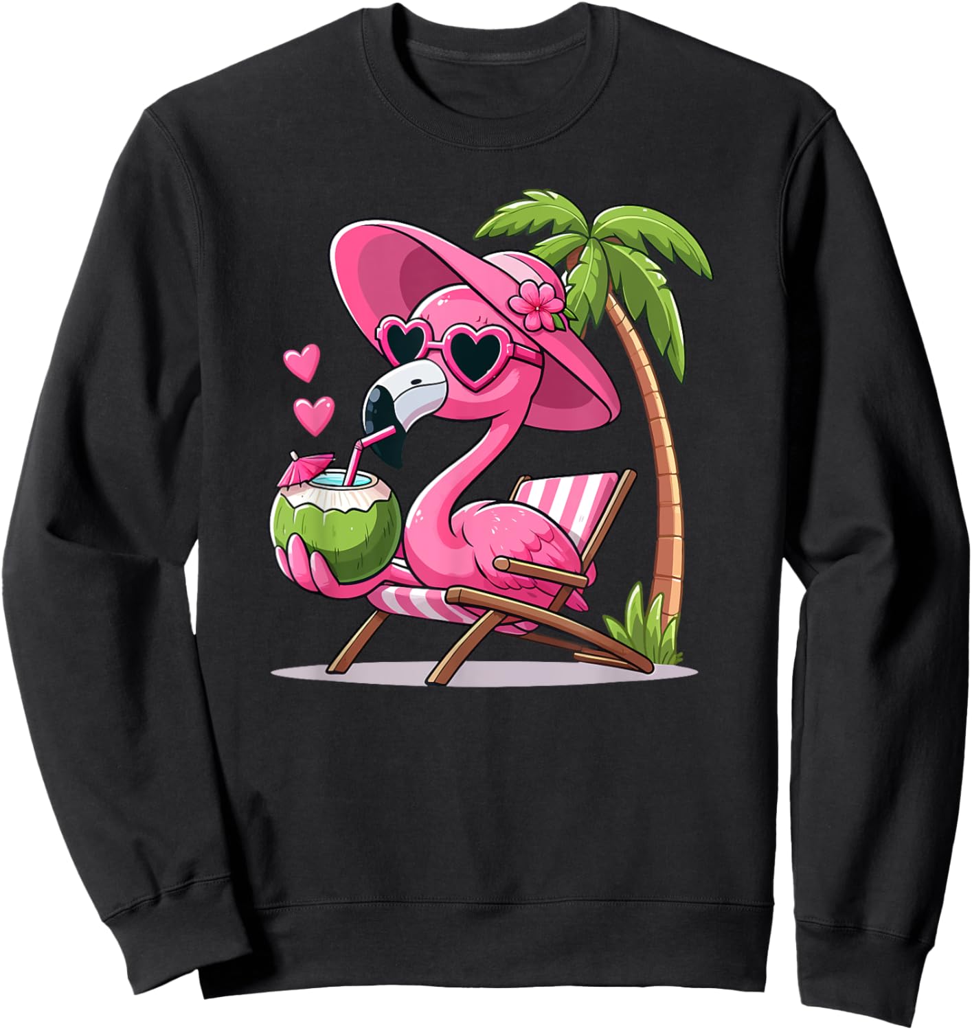 Pink Flamingo Summer Vibes Beach Palm Tree Summer Vacation Sweatshirt - Sweatshirt | Black