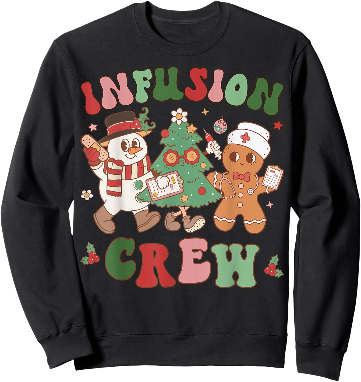 Retro Infusion Nurse Crew Christmas Chemotherapy Nursing Sweatshirt - Sweatshirt | Black