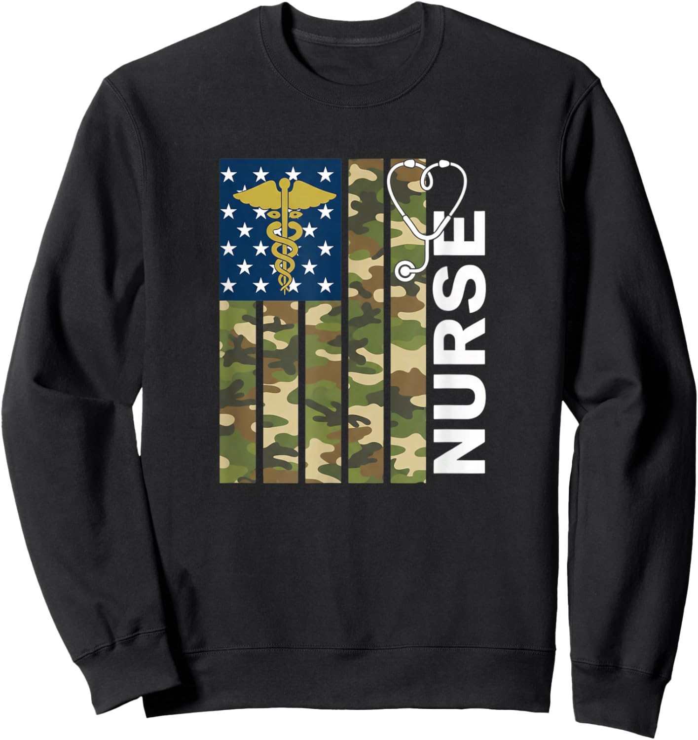 Nurse Camo American Flag Stethoscope Military Veteran Nurse Sweatshirt - Sweatshirt | Black