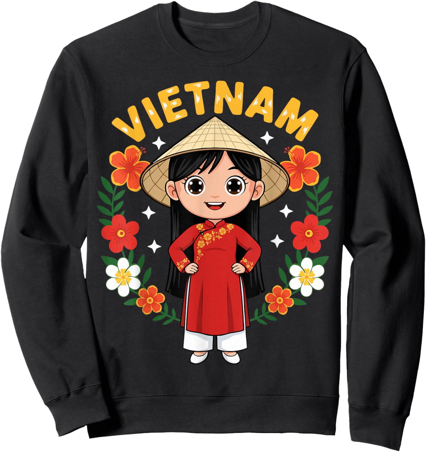 Vietnam Vietnamese Girl Traditional Dress Flowers Sweatshirt - Sweatshirt | Black