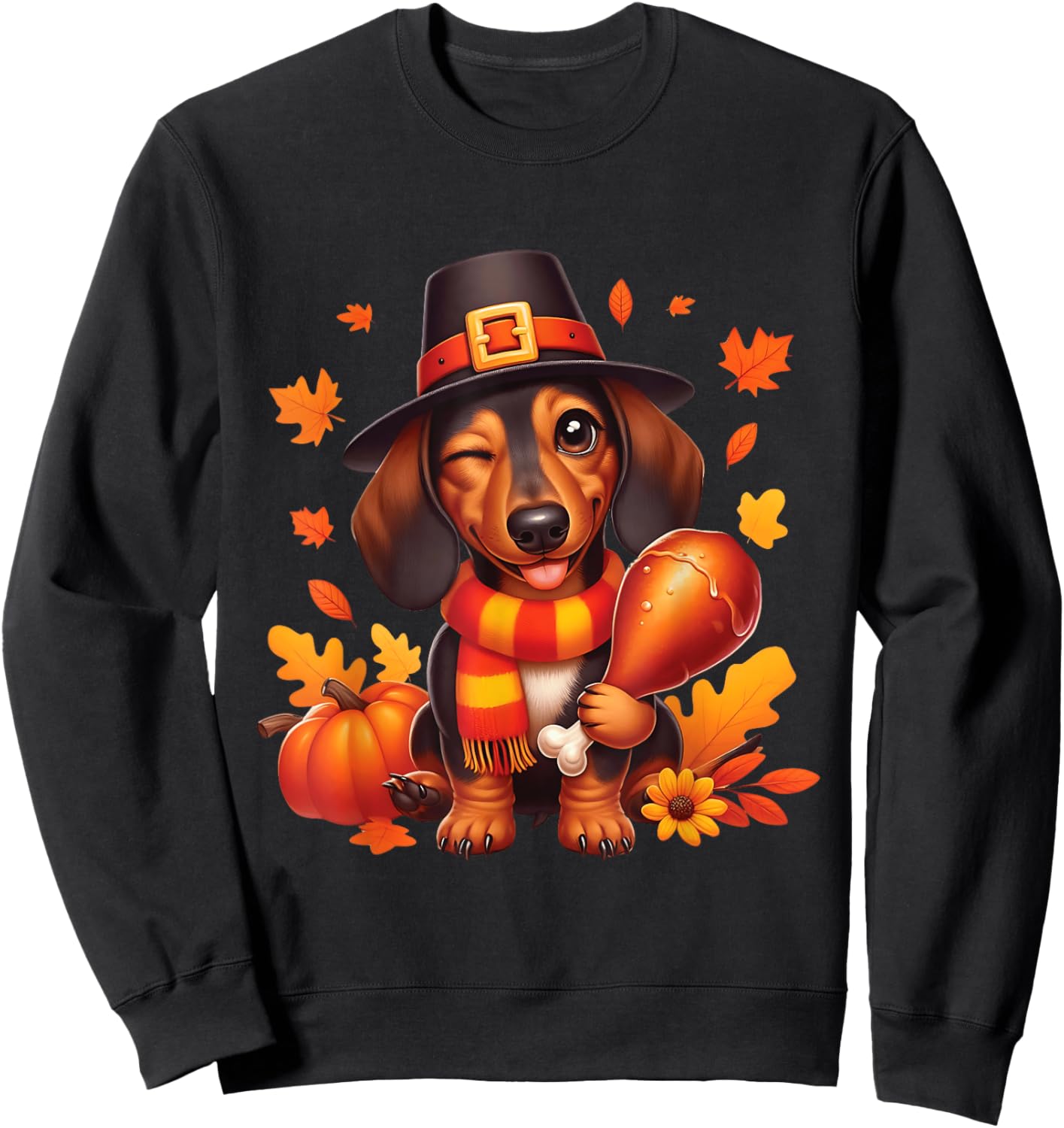 Dachshund Pilgrim Happy Thanksgiving Dog Men Women Girl Boy Sweatshirt - Sweatshirt | Black