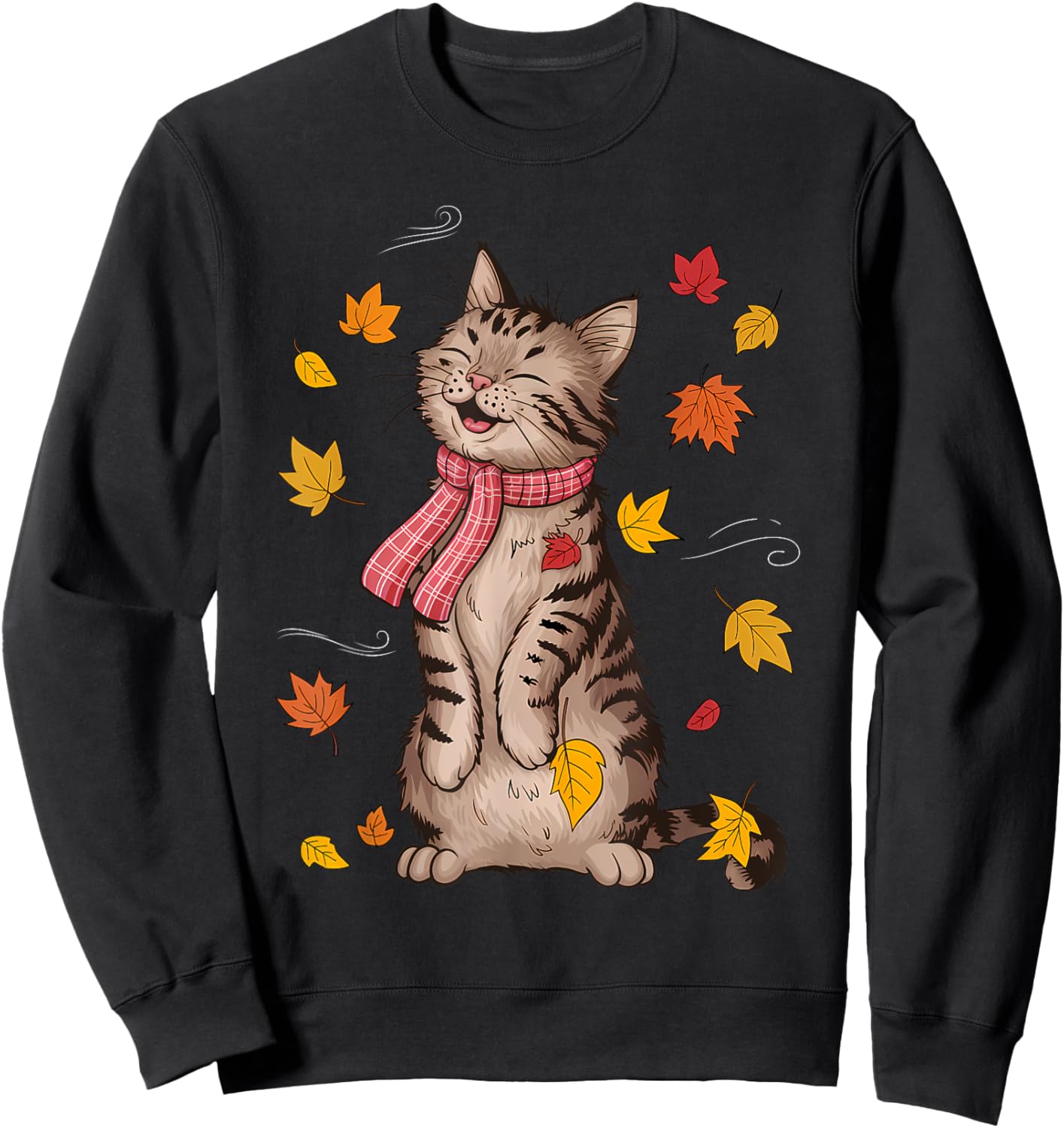 Cute Cat Autumn Fall Breeze Leaves Kitten Sweatshirt - Sweatshirt | Black