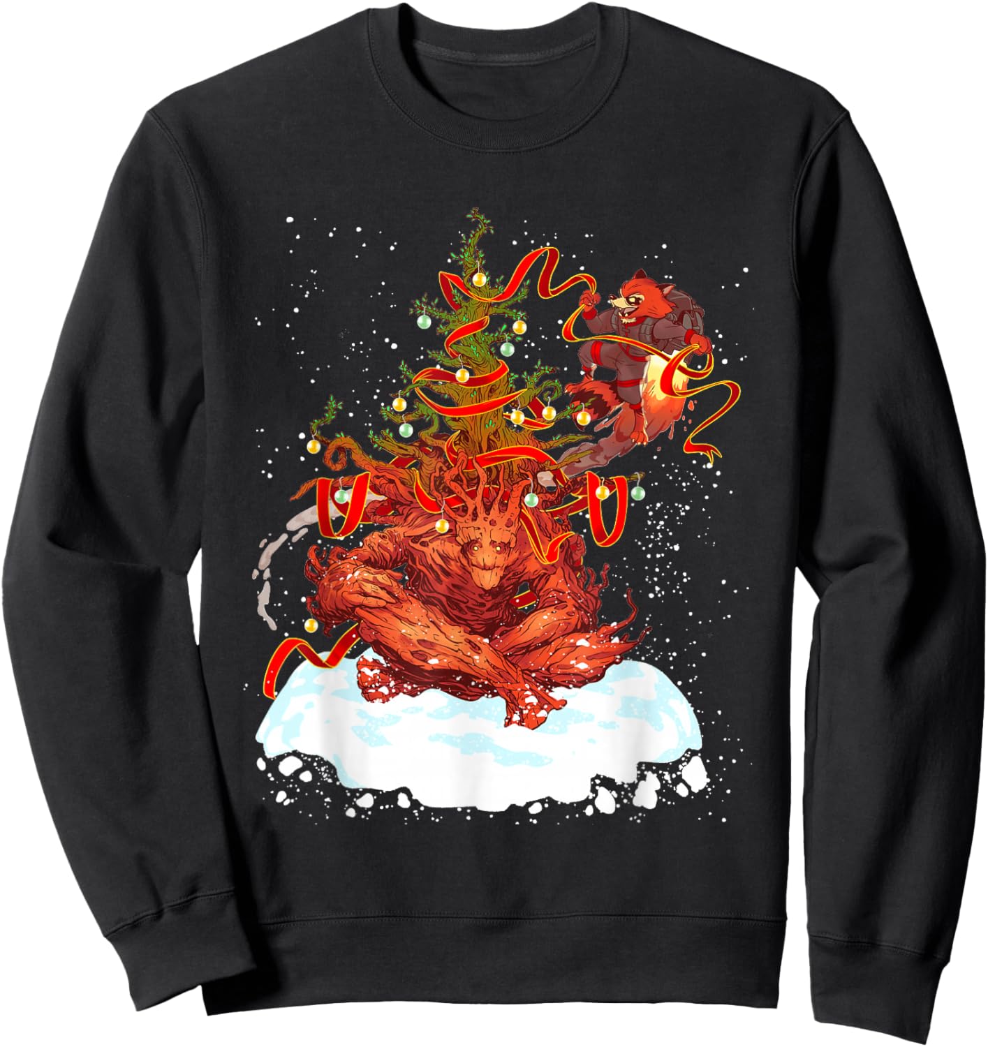Marvel Rocket and Groot Holiday Christmas Tree Guardians Sweatshirt - Sweatshirt | Black