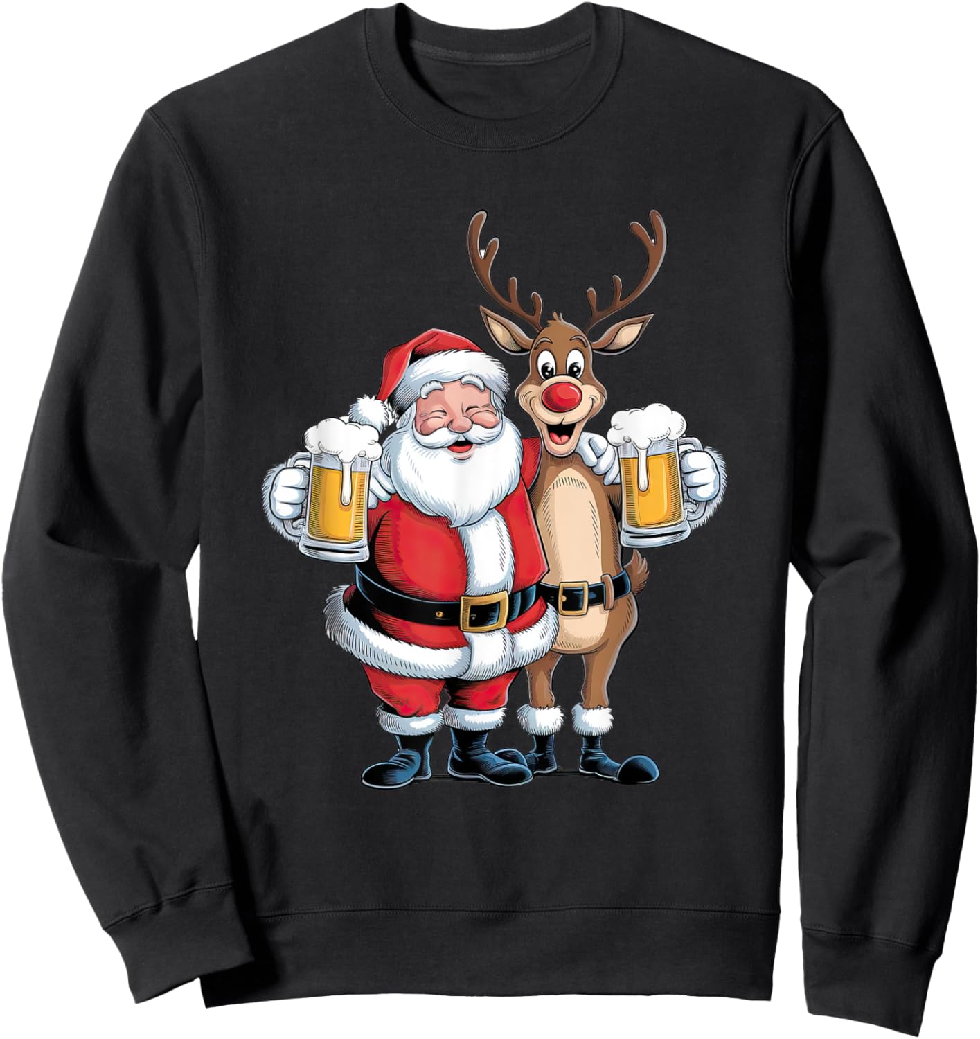 Santa Having a Beer with Reindeer. Funny Xmas Holidays Sweatshirt - Sweatshirt | Black