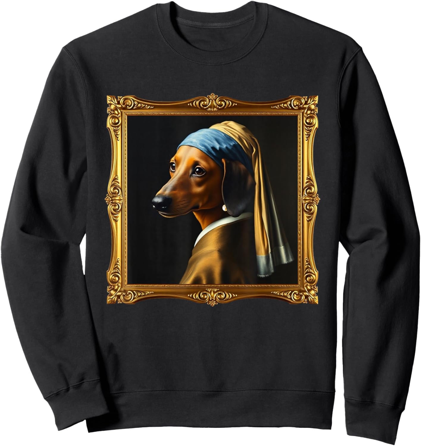 Dachshund Girl Dog with a Pearl Earring Famous Painting Sweatshirt - Sweatshirt | Black