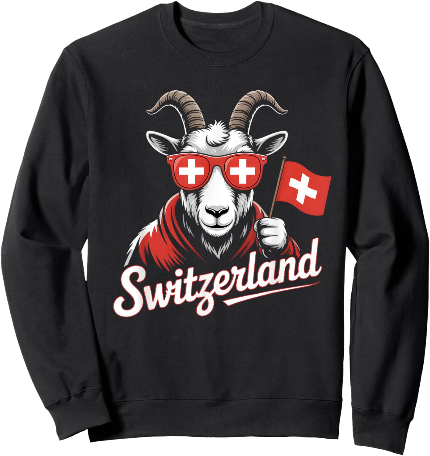 Switzerland Mountain Goat Design Funny Swiss Flag Graphic Sweatshirt - Sweatshirt | Black