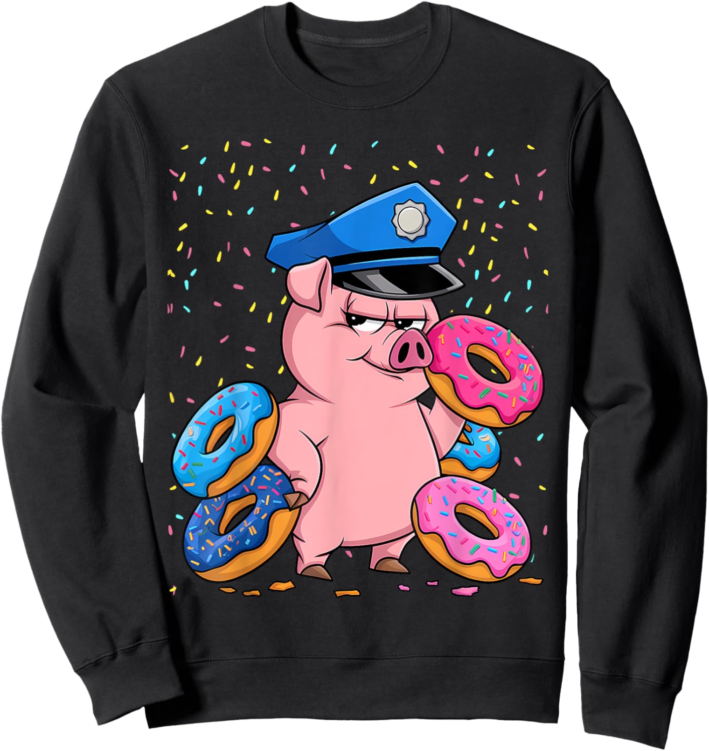 Pig Lover Gift Co. | Pig Cop Police Officer Doughnut - Black, Small, Short Sleeve Sweatshirt - Sweatshirt | Black
