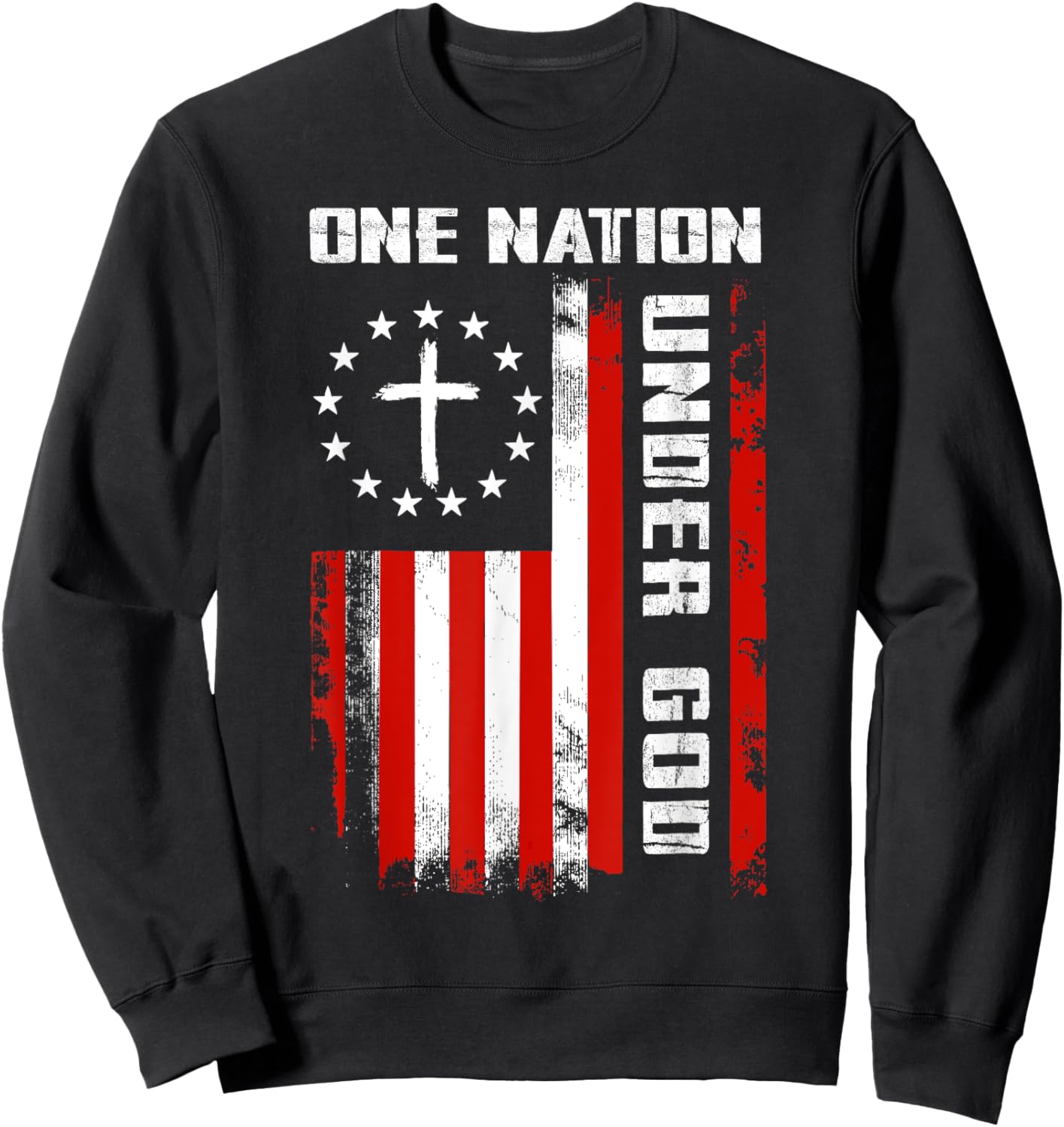 One Nation Under God American Flag Cross 4th Of July Sweatshirt - Sweatshirt | Black