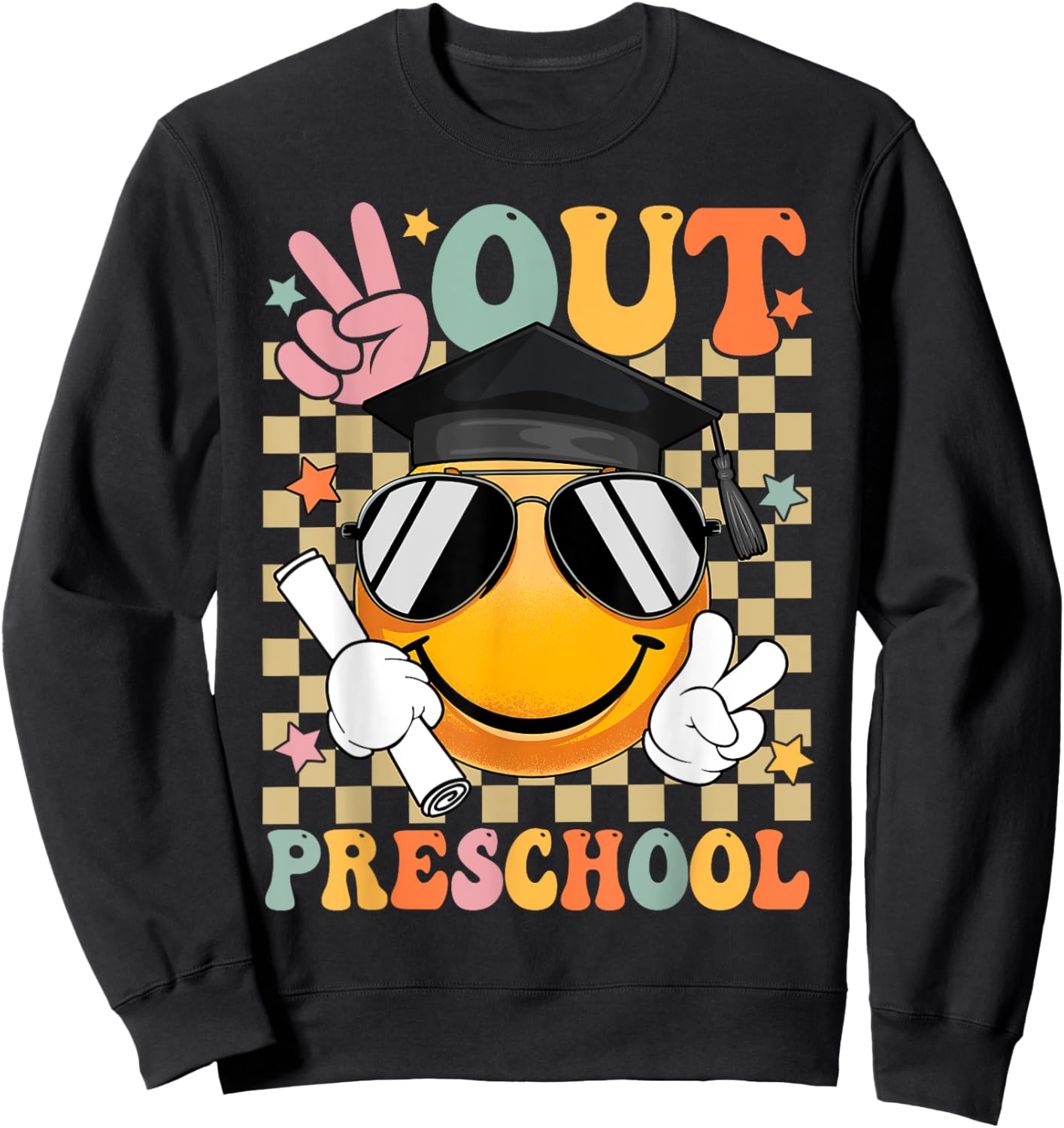 Retro Peace Out Preschool Smile Face Last Day Of School Sweatshirt - Sweatshirt | Black