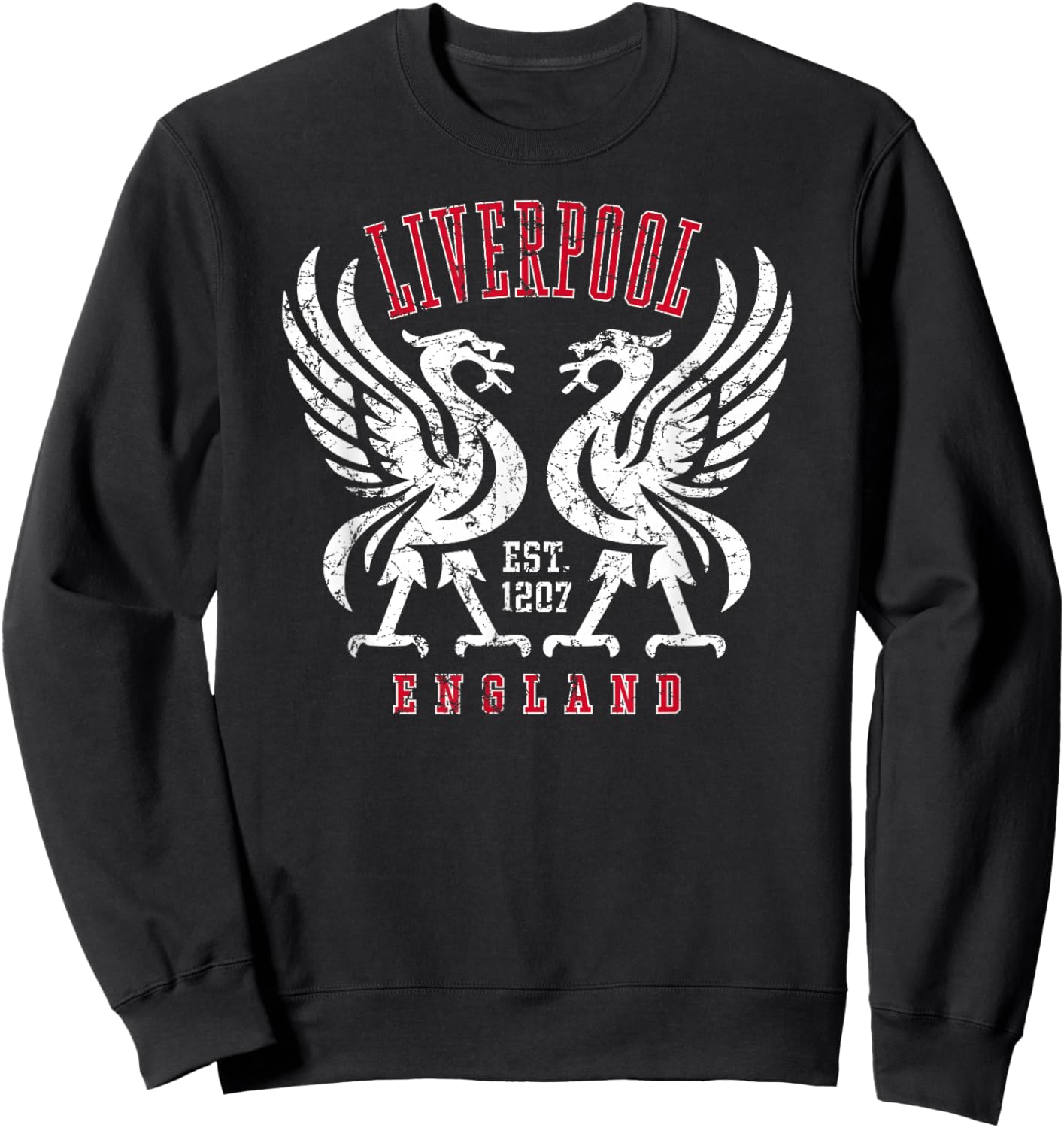 Liverpool England Est. 1207 Twin Liverbirds Distressed Print Sweatshirt - Sweatshirt | Black