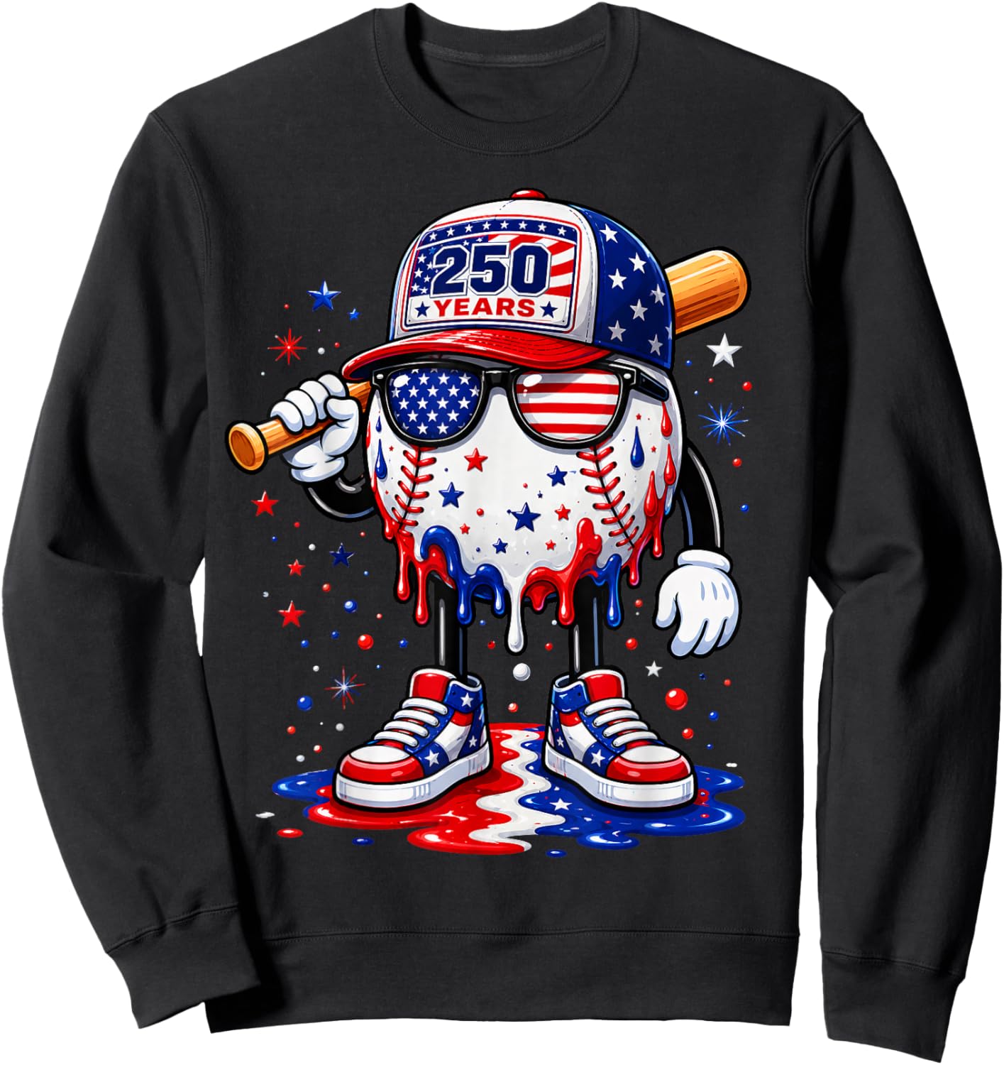 250 Years Baseball Drip Ice Cream Boys 4th of July American Sweatshirt - Sweatshirt | Black