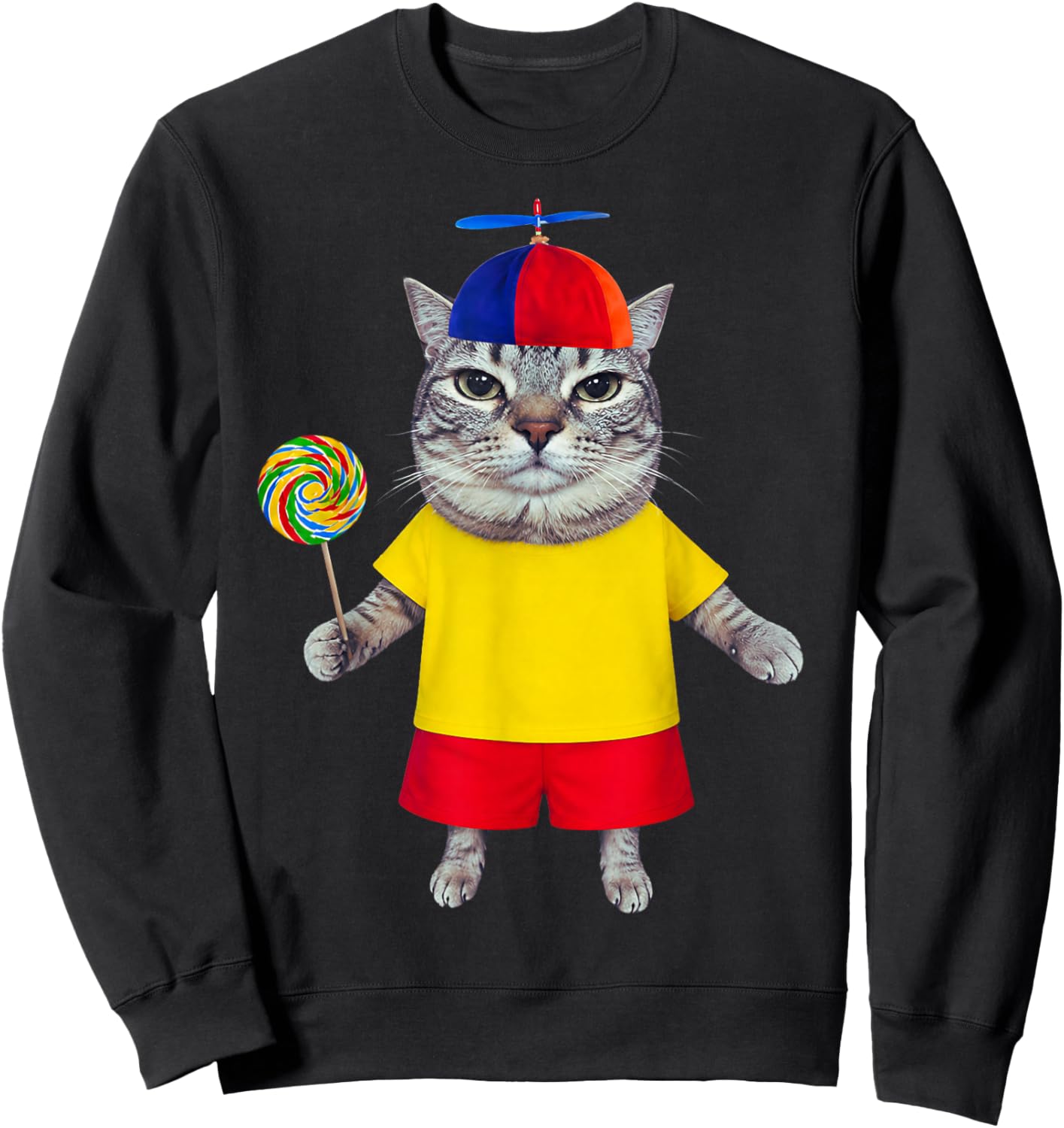 Silly Cat with Lollipop Propeller Hat Funny Meme Men Women Sweatshirt - Sweatshirt | Black