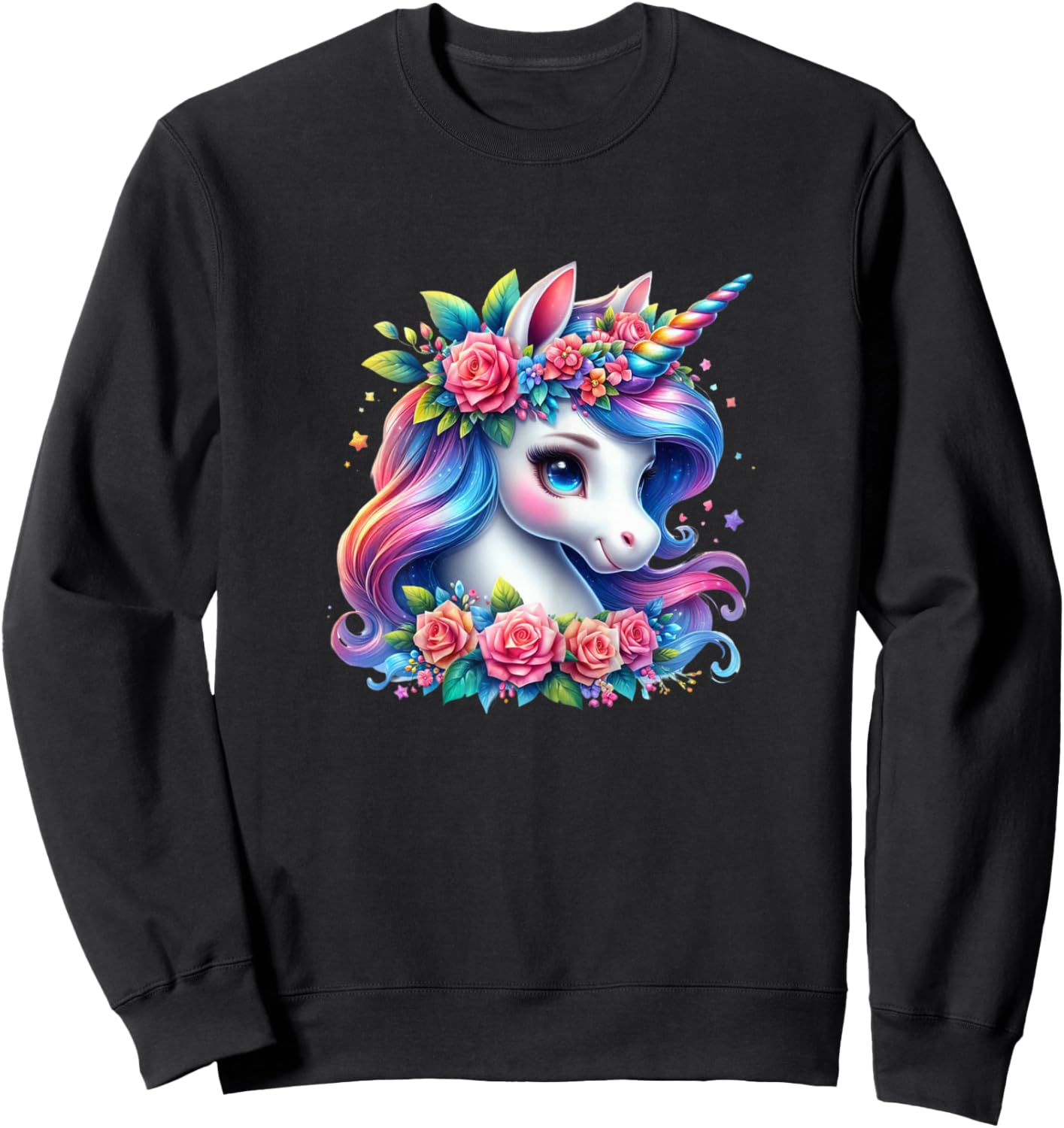 Cute Unicorn with Rainbow Mane Flowers Unicorn Sweatshirt - Sweatshirt | Black