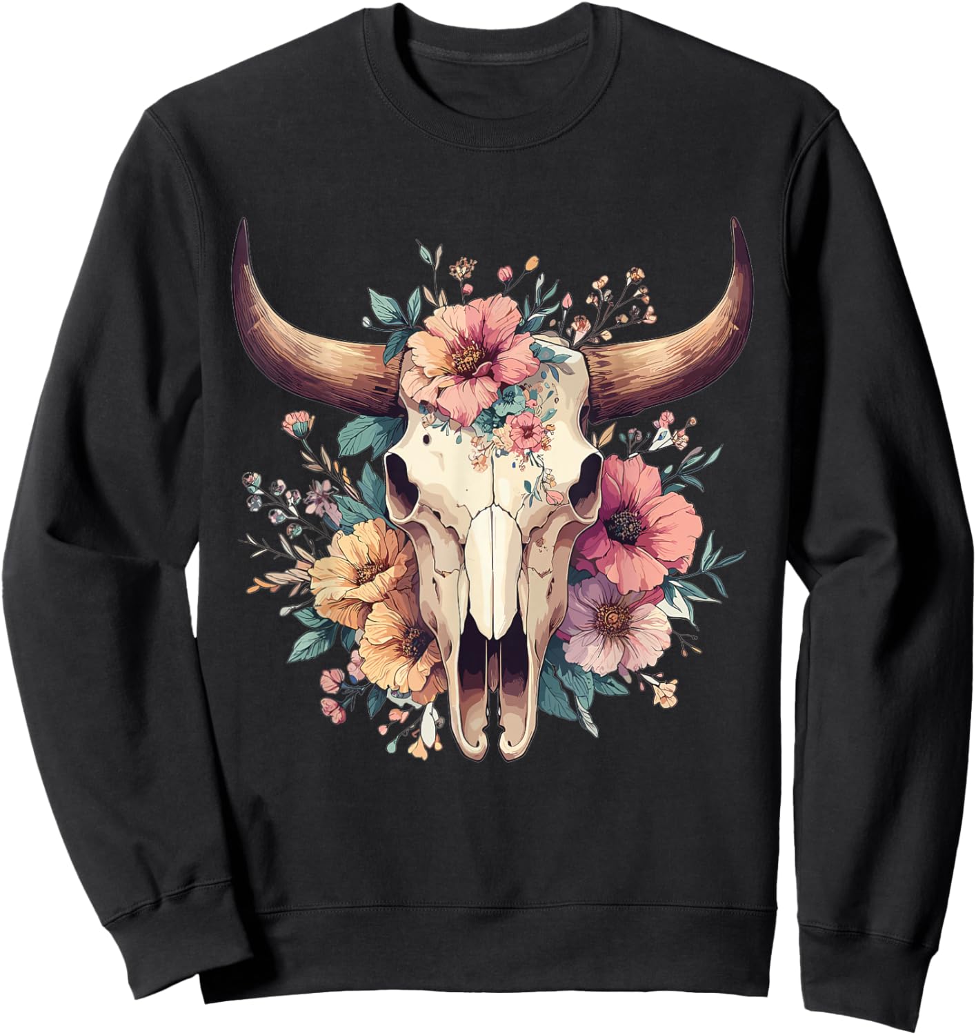 Boho Cow Bull Skull Flowers Wild west Western Cowgirl Texans Sweatshirt - Sweatshirt | Black