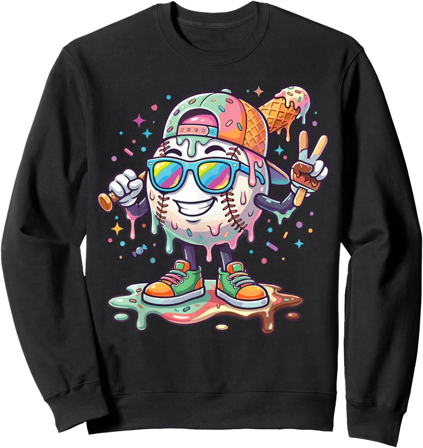 Baseball Ice Cream Drip Youth Boys Kids Baseball Drip Sweatshirt - Sweatshirt | Black
