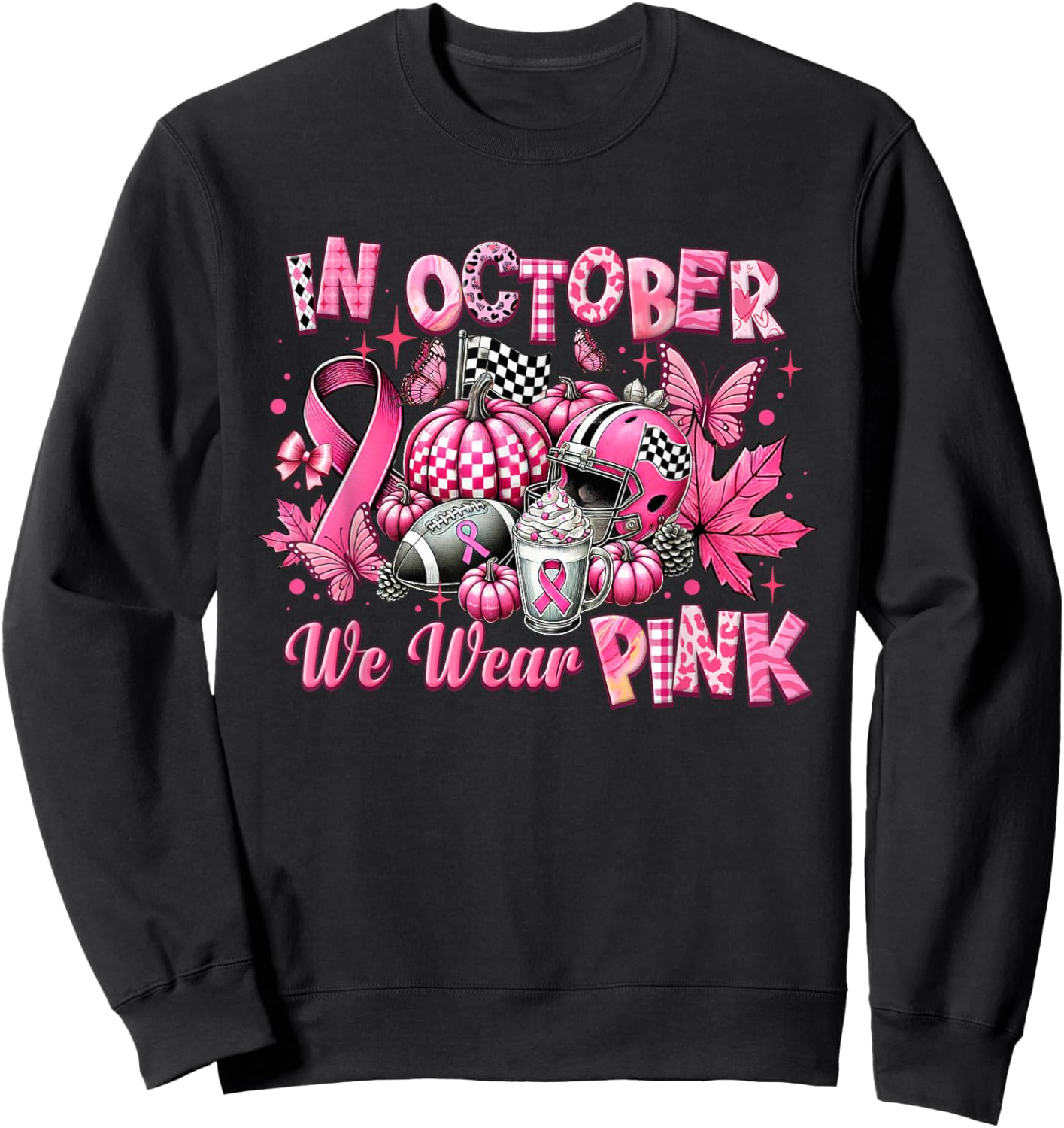 In October We Wear Pink Breast Cancer Pumpkin Football Sweatshirt - Sweatshirt | Black