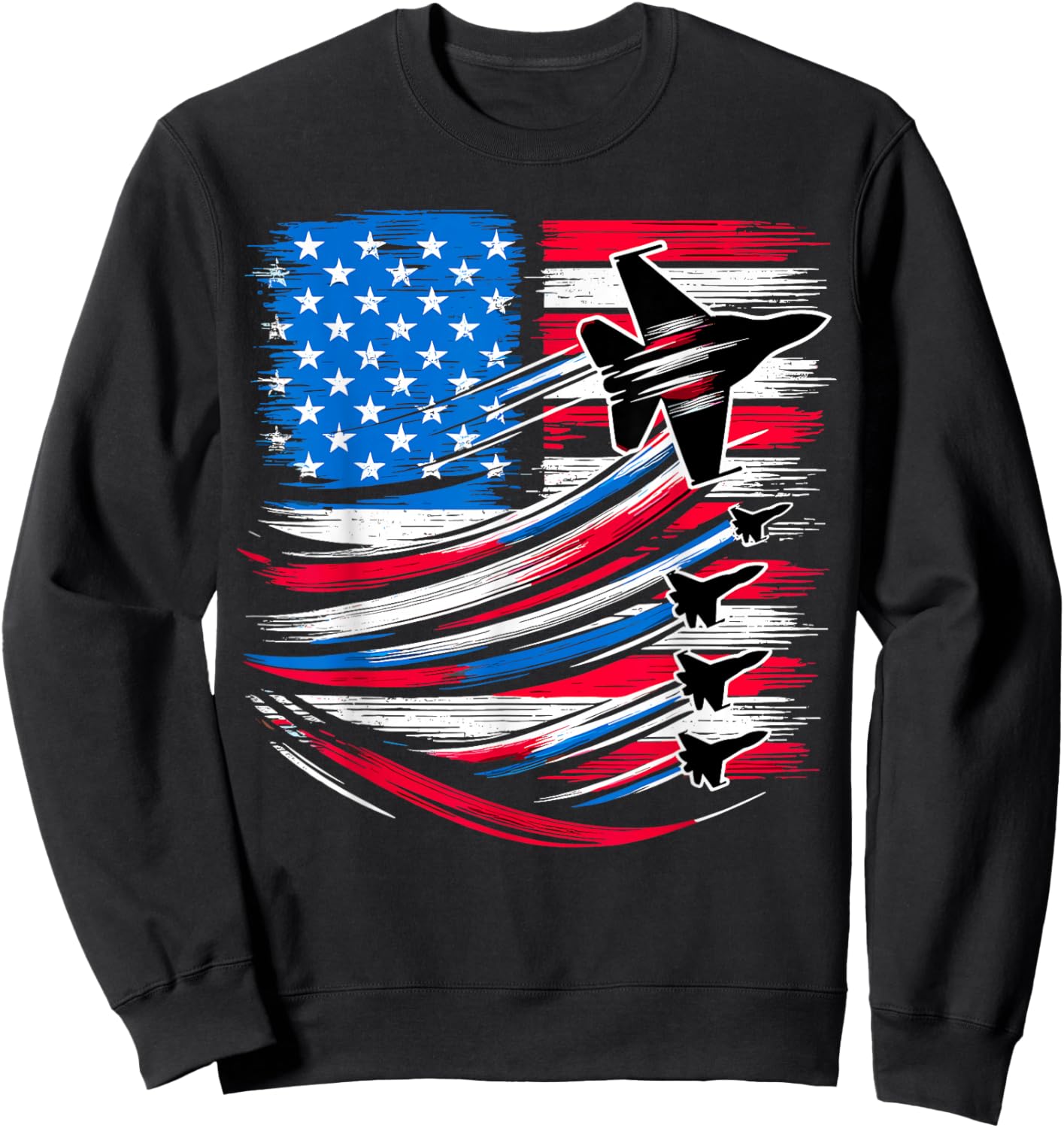 Patriotic American USA Flag Fighter Jets 4th of July Sweatshirt - Sweatshirt | Black