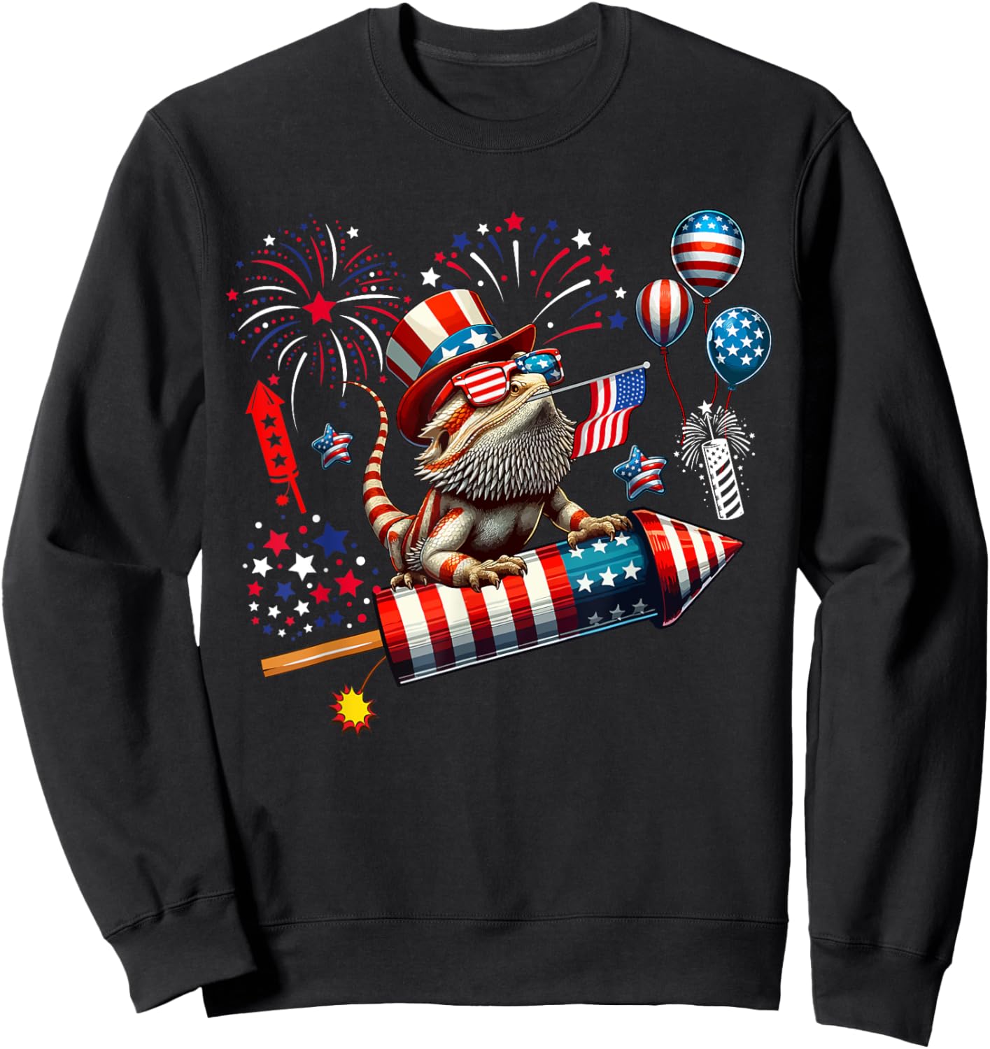 Bearded Dragon Riding Firecracker US Flag 4th Of July Sweatshirt - Sweatshirt | Black