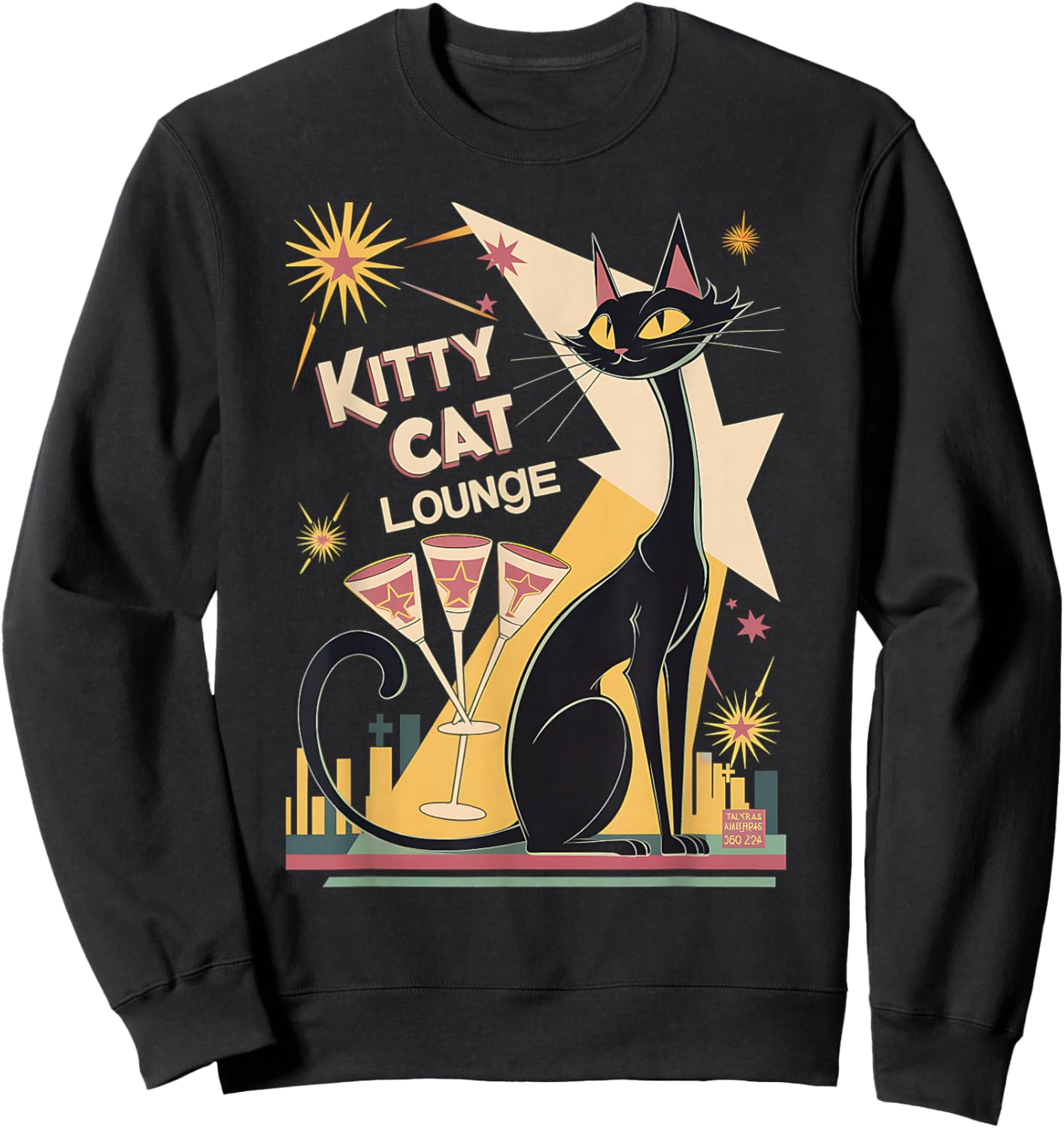 Retro Mid-Century Modern Cat and Cocktails Lounge Theme Sweatshirt - Sweatshirt | Black