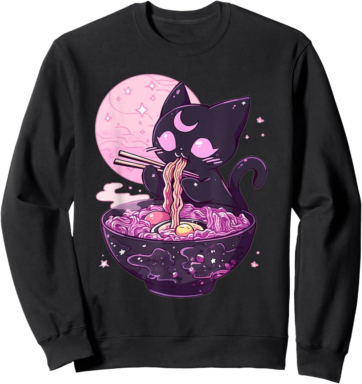 Pastel Goth Aesthetic Kawaii Creepy Cat Eating Ramen Noodles Sweatshirt - Sweatshirt | Black