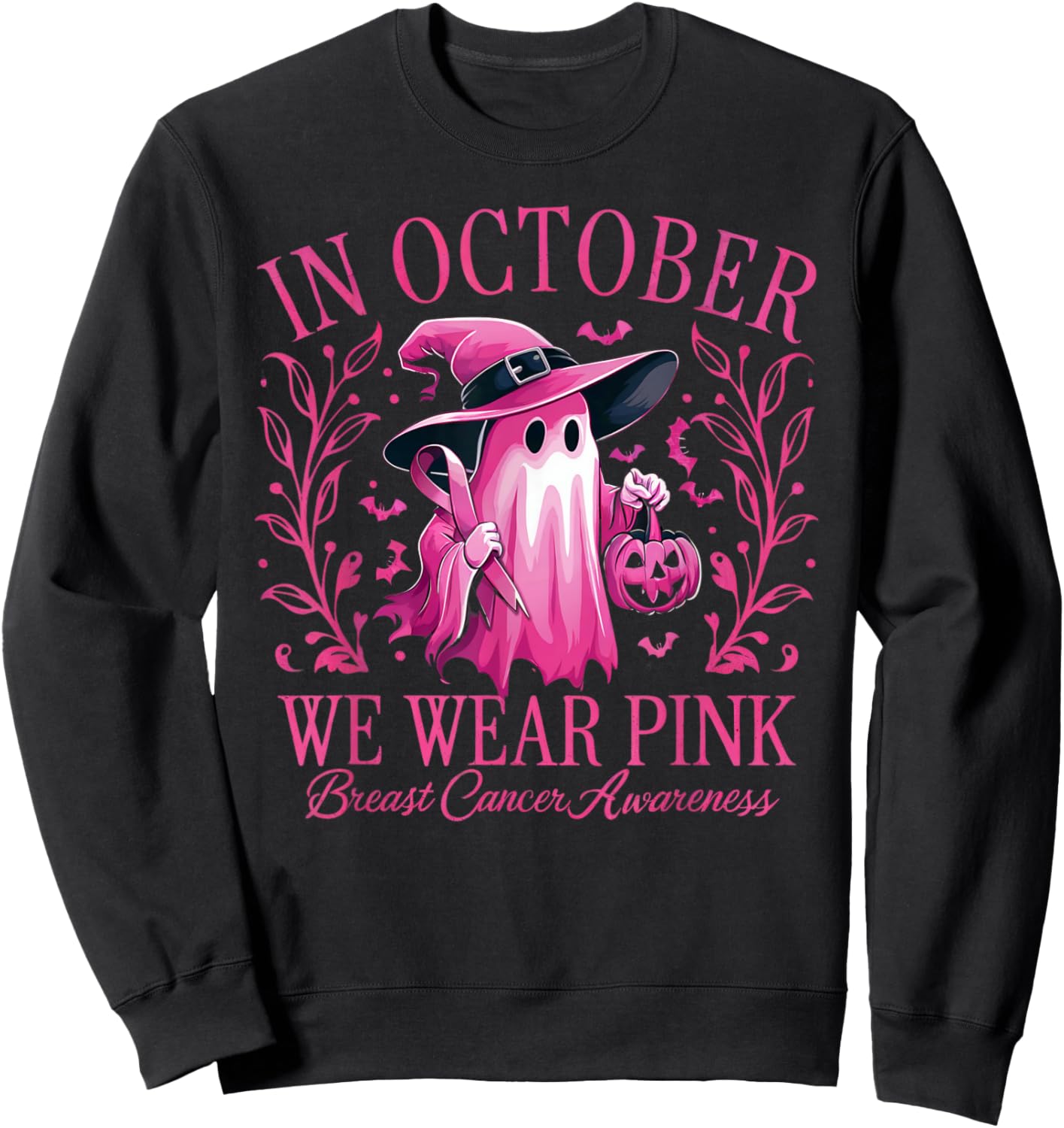 In October We Wear Pink Breast Cancer Awareness Halloween Sweatshirt - Sweatshirt | Black