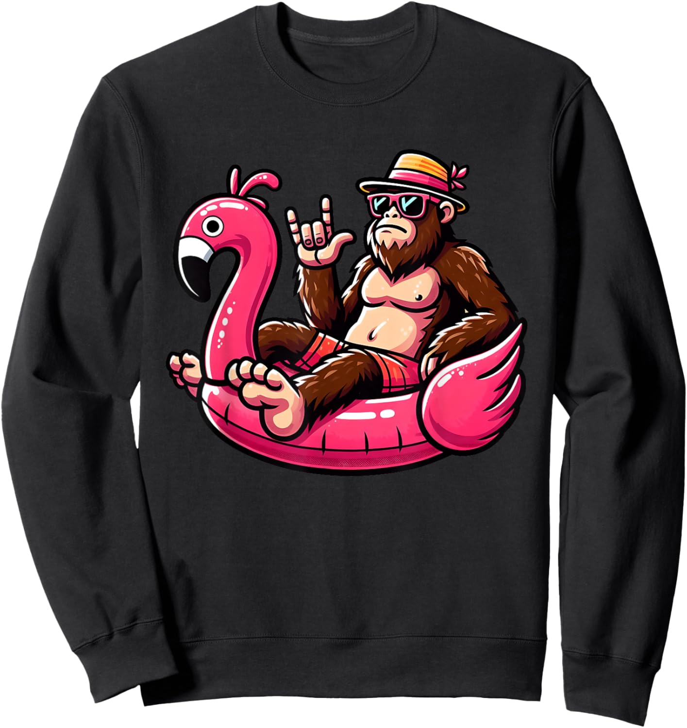 Bigfoot Sasquatch on Flamingo Pool Swimming Hawaii Beaches Men Women Kids Sweatshirt - Sweatshirt | Black
