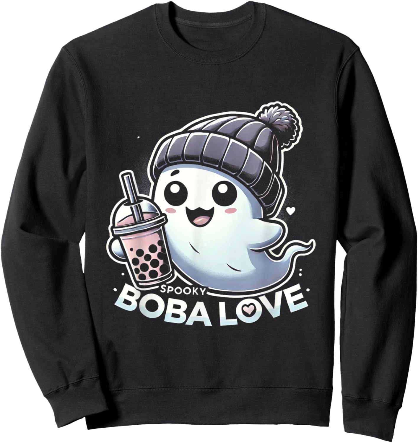 Spooky Cute Ghost and Boba Tea Love Halloween Kids Sweatshirt - Sweatshirt | Black