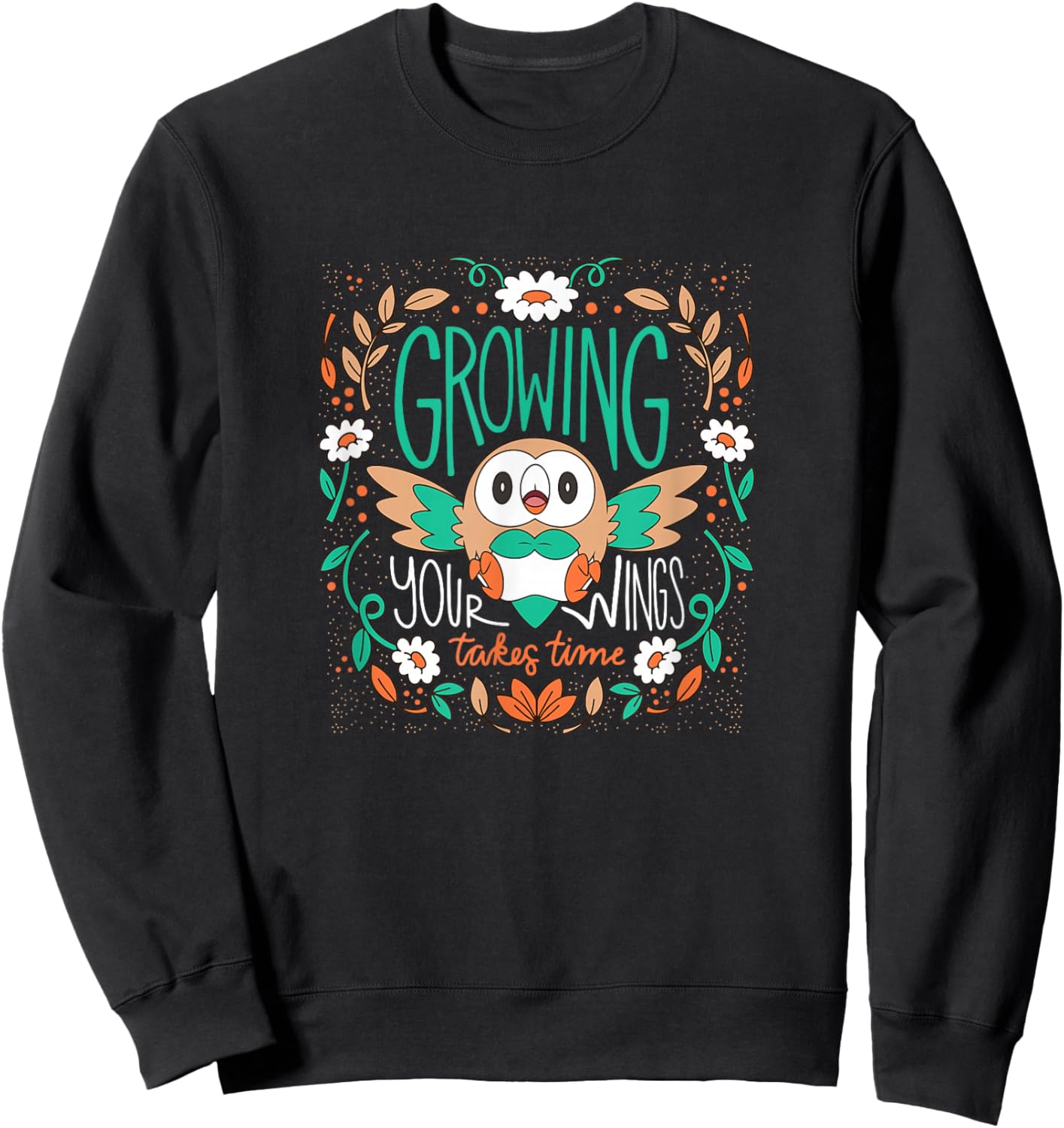 Pokemon - Rowlet Growing Your Wings Takes Time -Adults , Black, Small, Short Sleeve Sweatshirt - Sweatshirt | Black