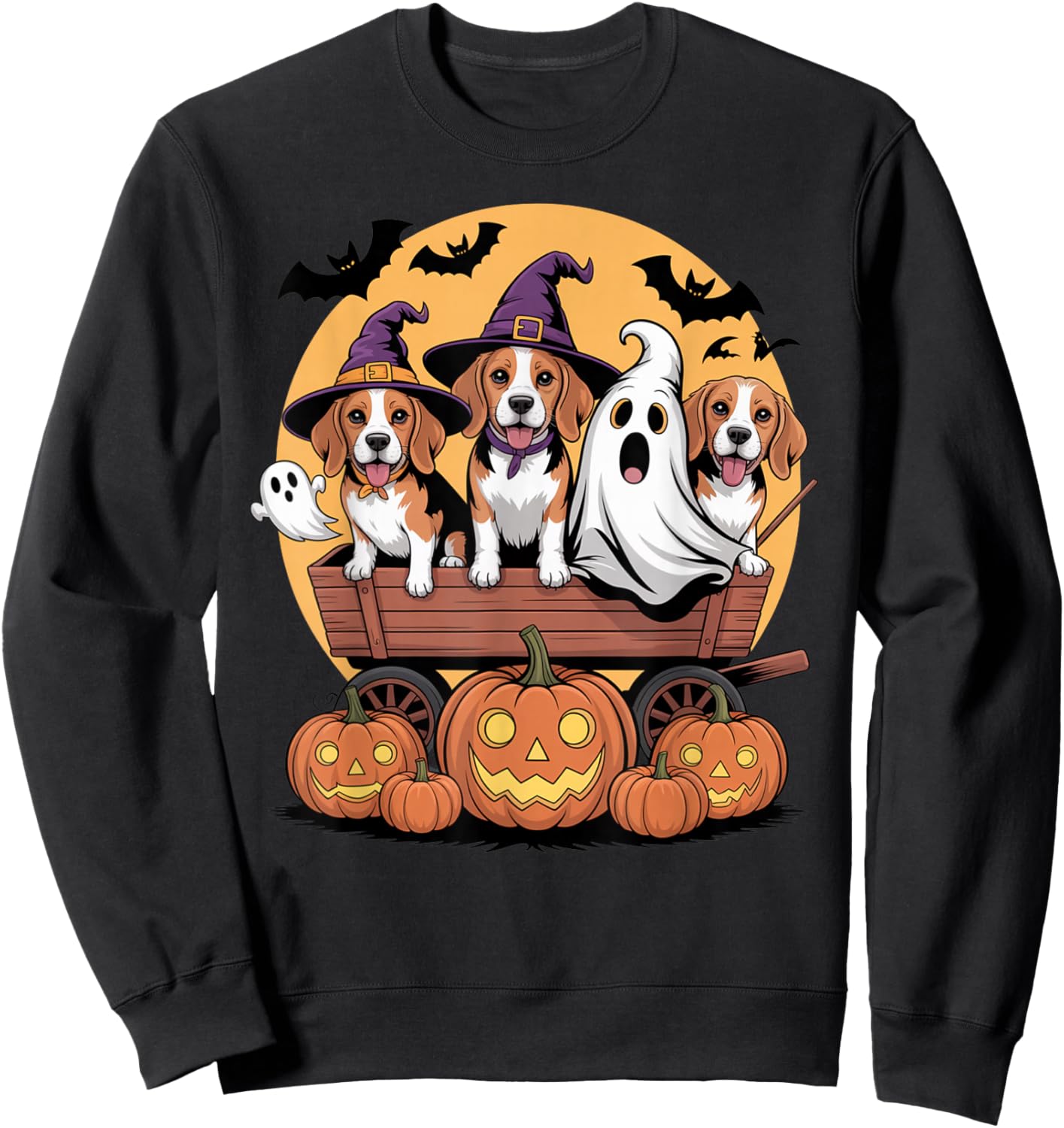 Beagle Halloween Wagon Witch Hats Ghost Bats Pumpkins Funny Sweatshirt - Sweatshirt | Black