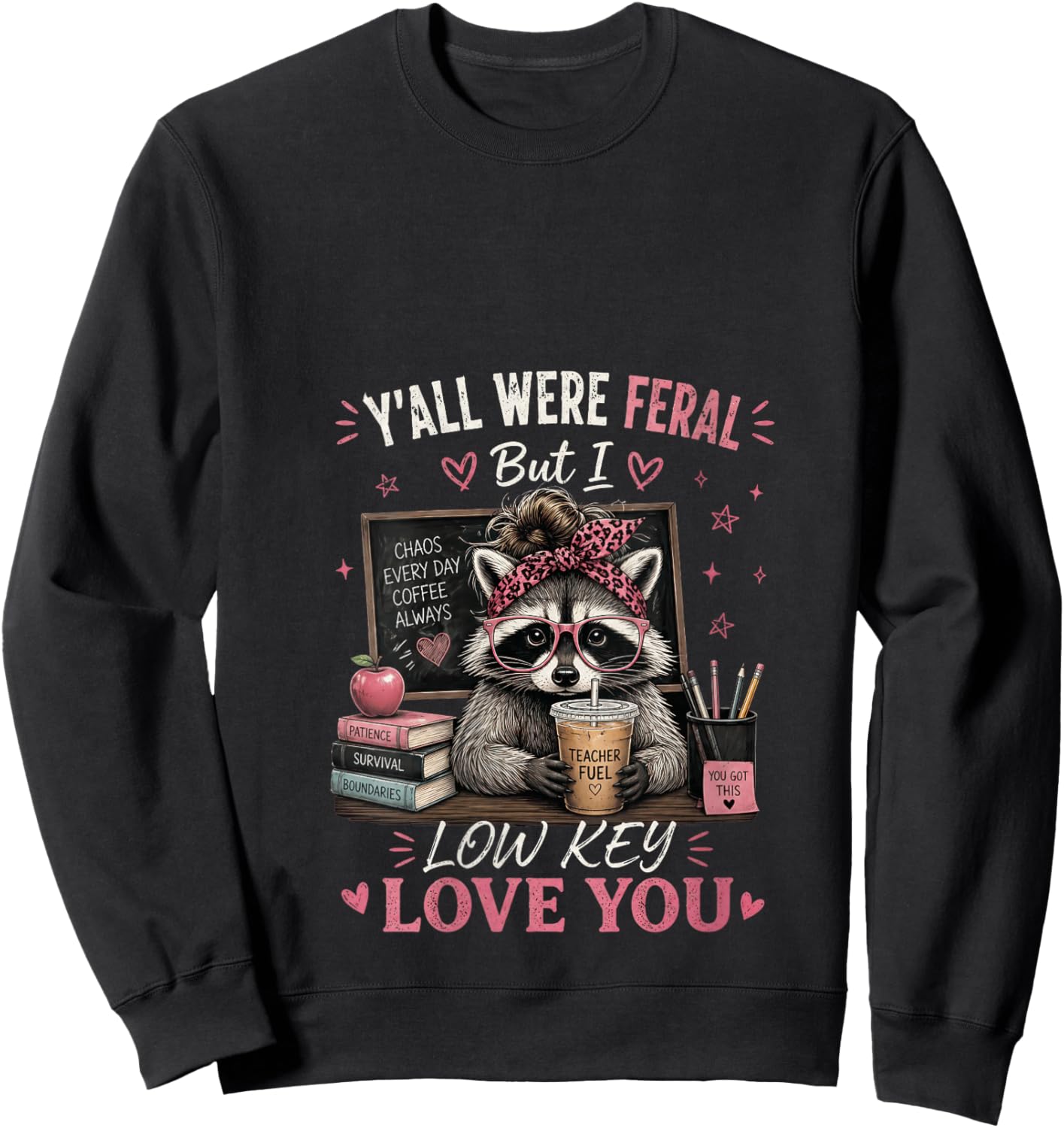 Women's Y'all were Feral But I Low Key Love You Raccoon Iced Coffee V-Neck Sweatshirt - Sweatshirt | Black
