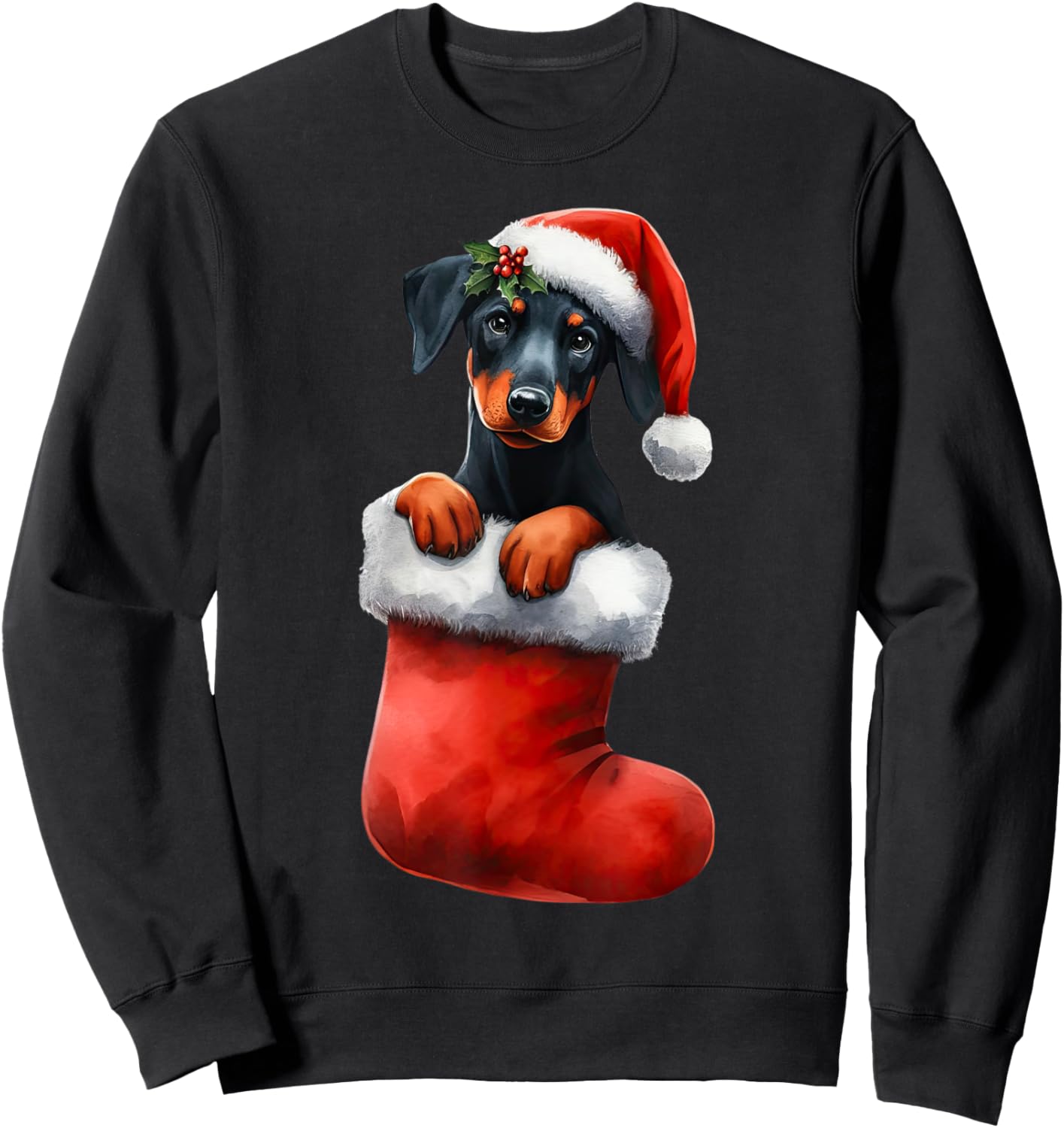 Doberman Pinscher In Sock Christmas Santa Hat Xmas Dog Lover Sweatshirt - Sweatshirt | Black
