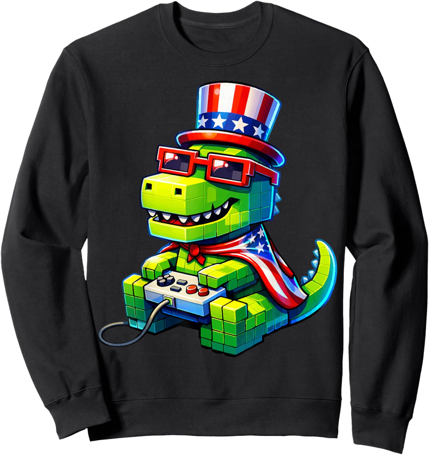 4th of July Gamer Patriotic T Rex Dinosaur Pixel Video Game Sweatshirt - Sweatshirt | Black