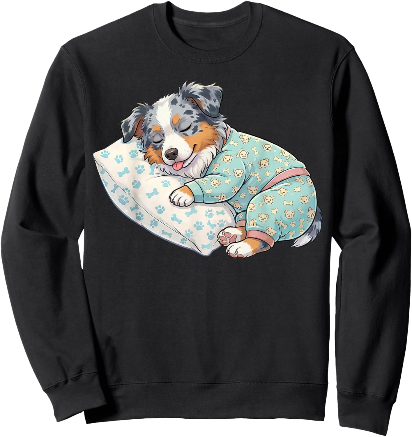 Adorable Australian Shepherd Dog Sleeping in Pajamas Sweatshirt - Sweatshirt | Black
